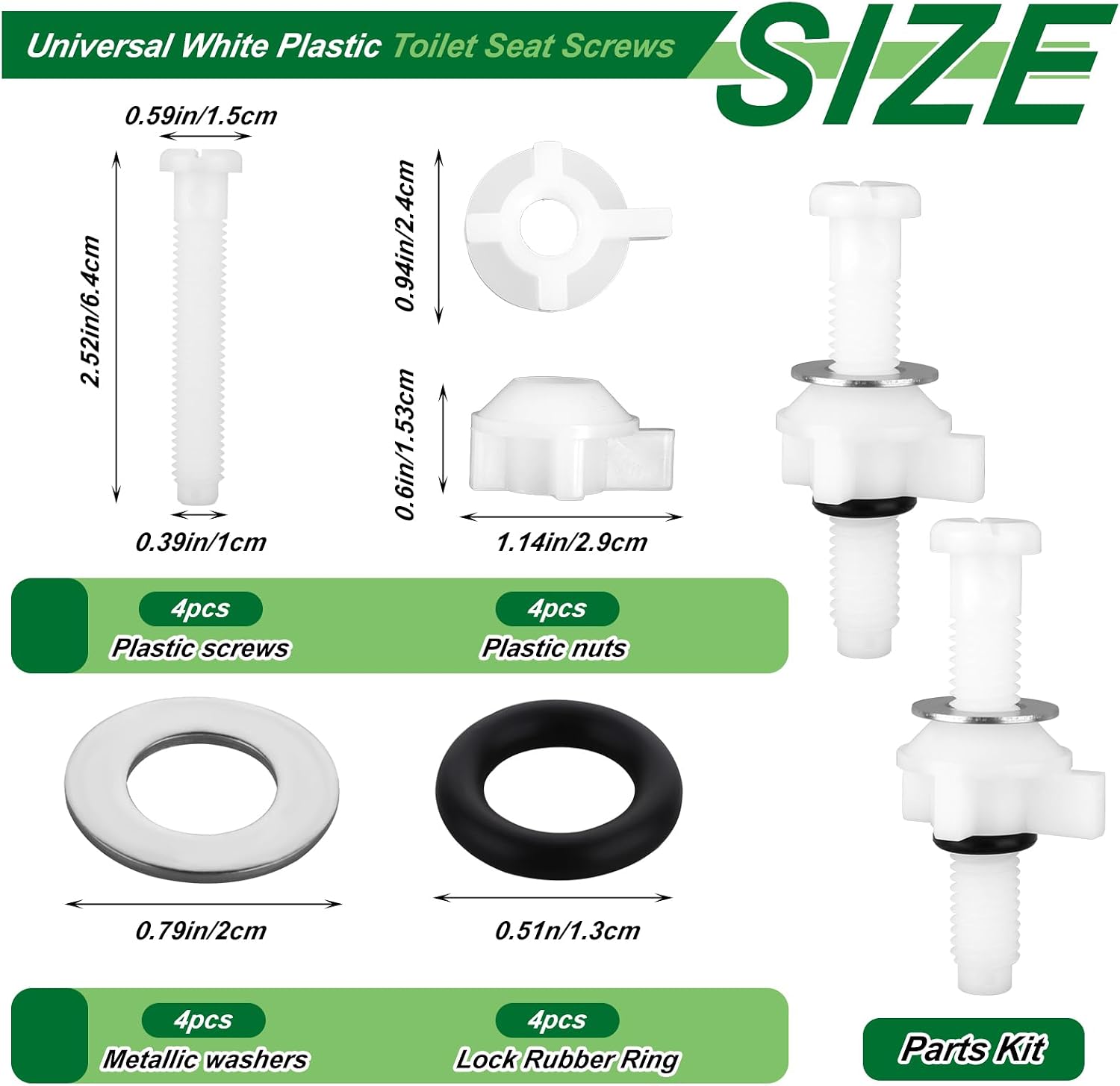 4 PCS Toilet Lid Screws, Universal White Plastic Toilet Seat Bolts Replacement Kit Bracket Hardware with Nuts and Washers, Toilets Seat Hinges Bolts for Top Mount Toilets Lid Fastener Parts Kit