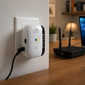 Extensor de Sinal WiFi 300Mbps com Porta Ethernet, Repetidor e Amplificador de Internet Sem Fio, Booster de Alcance para Casa, Cobertura até 3000m² e 35 Dispositivos, Fácil Configuração, 110V/220V