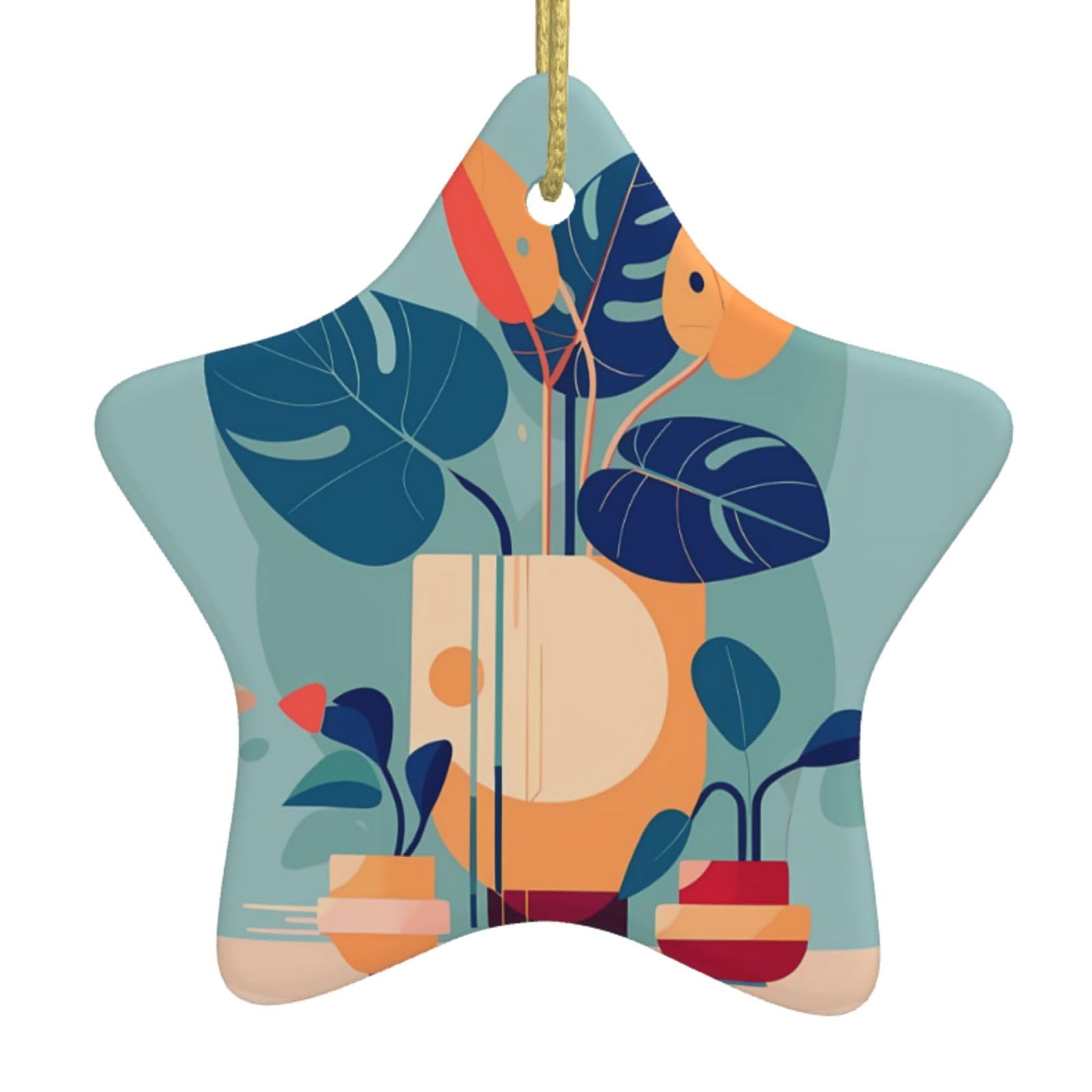 Blue Orange Turtleback Bamboo Christmas Ceramic Star Pendant with Punched Holes and Gold Wire Rope, Christmas Tree Home Decoration