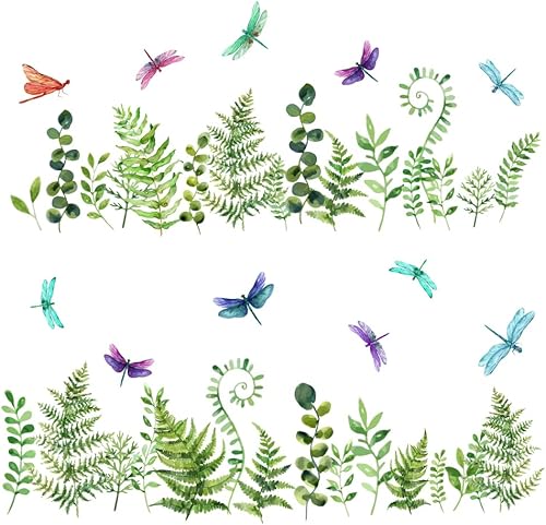 Miniatura 4 de SUPERDANT Adhesivo de pared con diseño de helecho y plantas verdes, diseño de mariposas, libélula, despegar y pegar, bricolaje, habitación de niños,