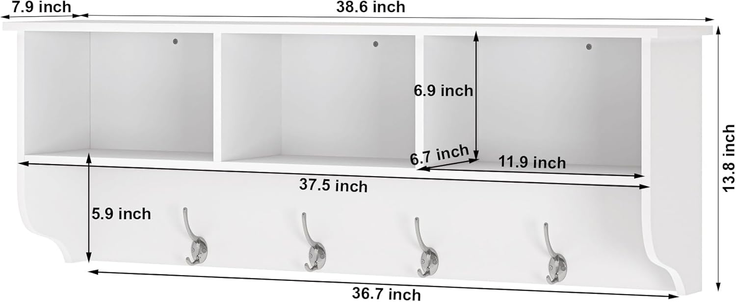 38" Coat Rack Wall Mount with Shelf, Wall Mounted Coat Rack with 3 Storage Cubbies and 4 Dual Hooks,Wooden Mudroom Wall Shelf for Entryway, Hallway (White)