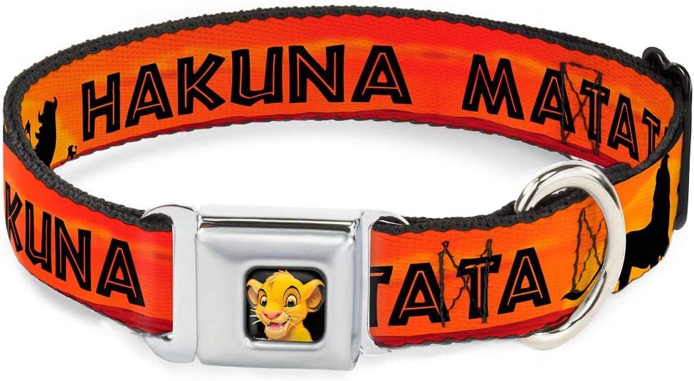 Buckle-Down Dog Collar Seatbelt Buckle Lion King Hakuna Matata Sunset Oranges Black 13 to 18 Inches 1.5 Inch Wide, Multicolor, DC-WDY030-WS
