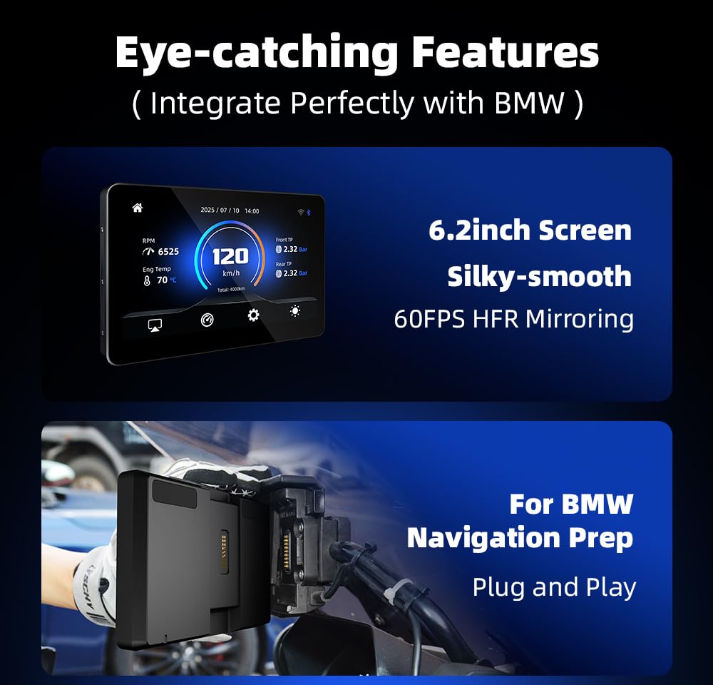 Pantalla de motocicleta de 6,2 pulgadas para BMW R1200GS R1250GS F800 F900 S1000XR, inalámbrico CarPlay y Android Auto (no GPS/sin soporte), compatible con WonderWheel y lector de datos del