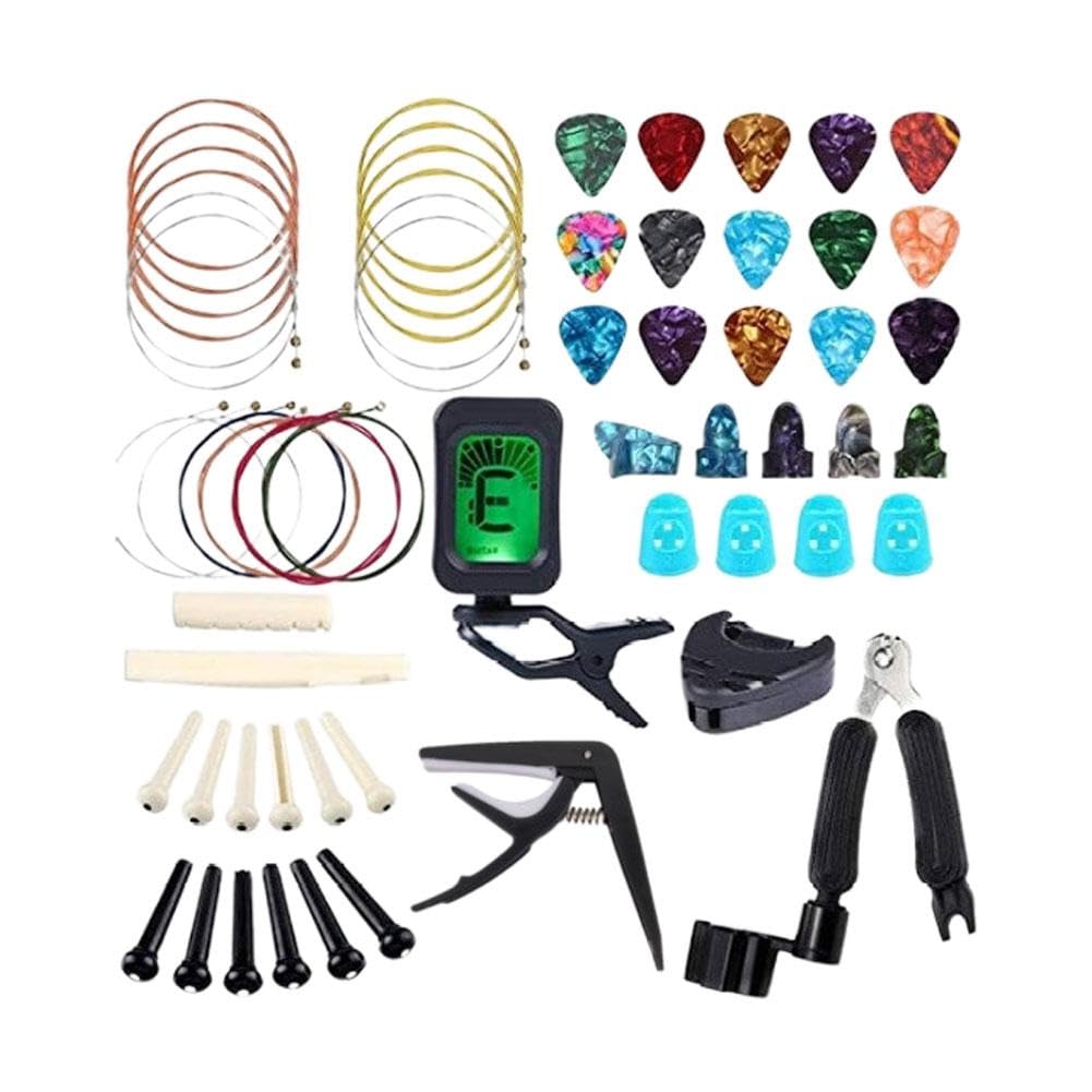 Kit d'accessoires de guitare, outil de changement de guitare acoustique, y compris cordes acoustiques, médiators, capodastre, enrouleur de cordes et coupe-cordes, accordeur, os de guitare, pour