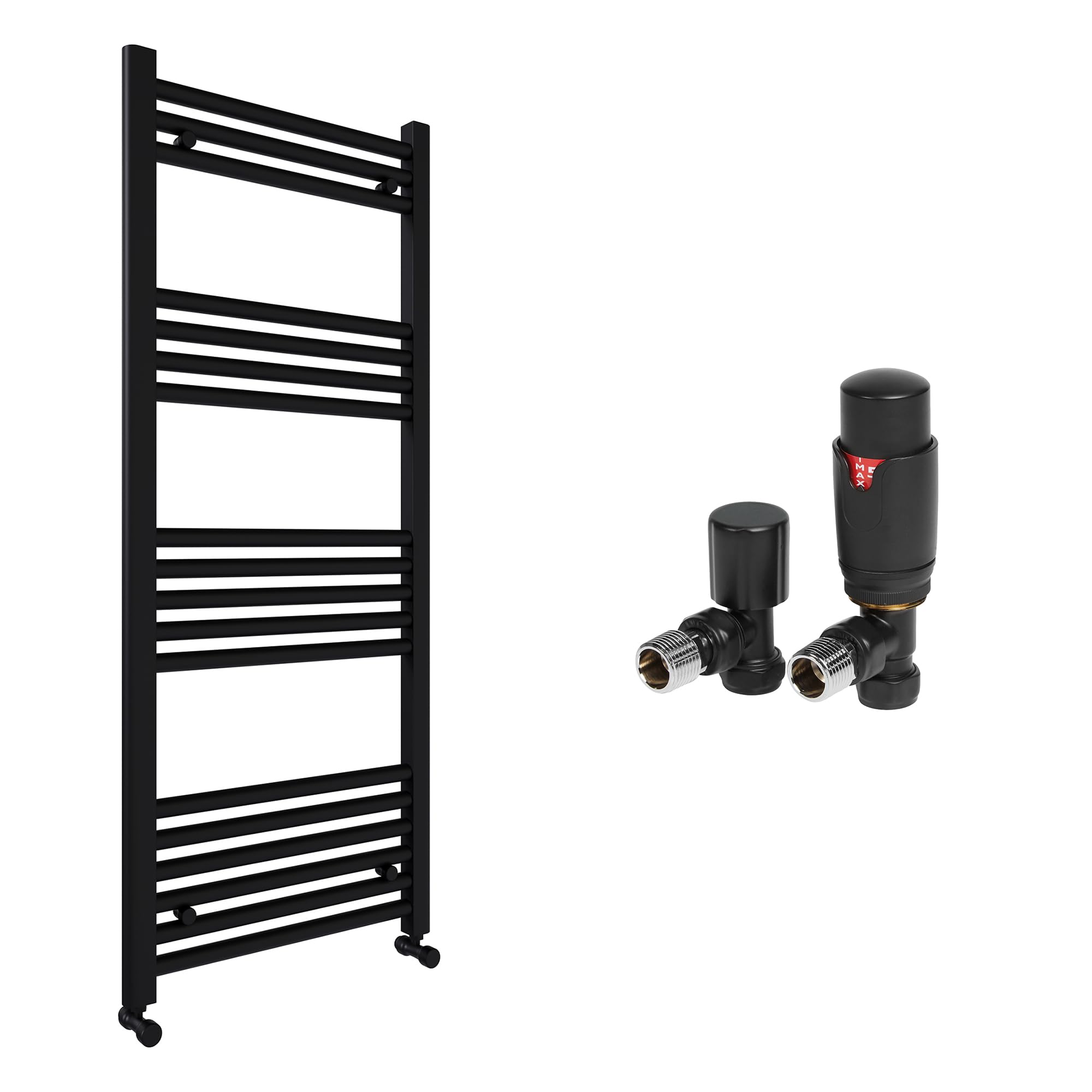 Matt Black Bathroom Straight Heated Towel Rail Radiator 500 x 1200 & Angled Thermostatic Valves