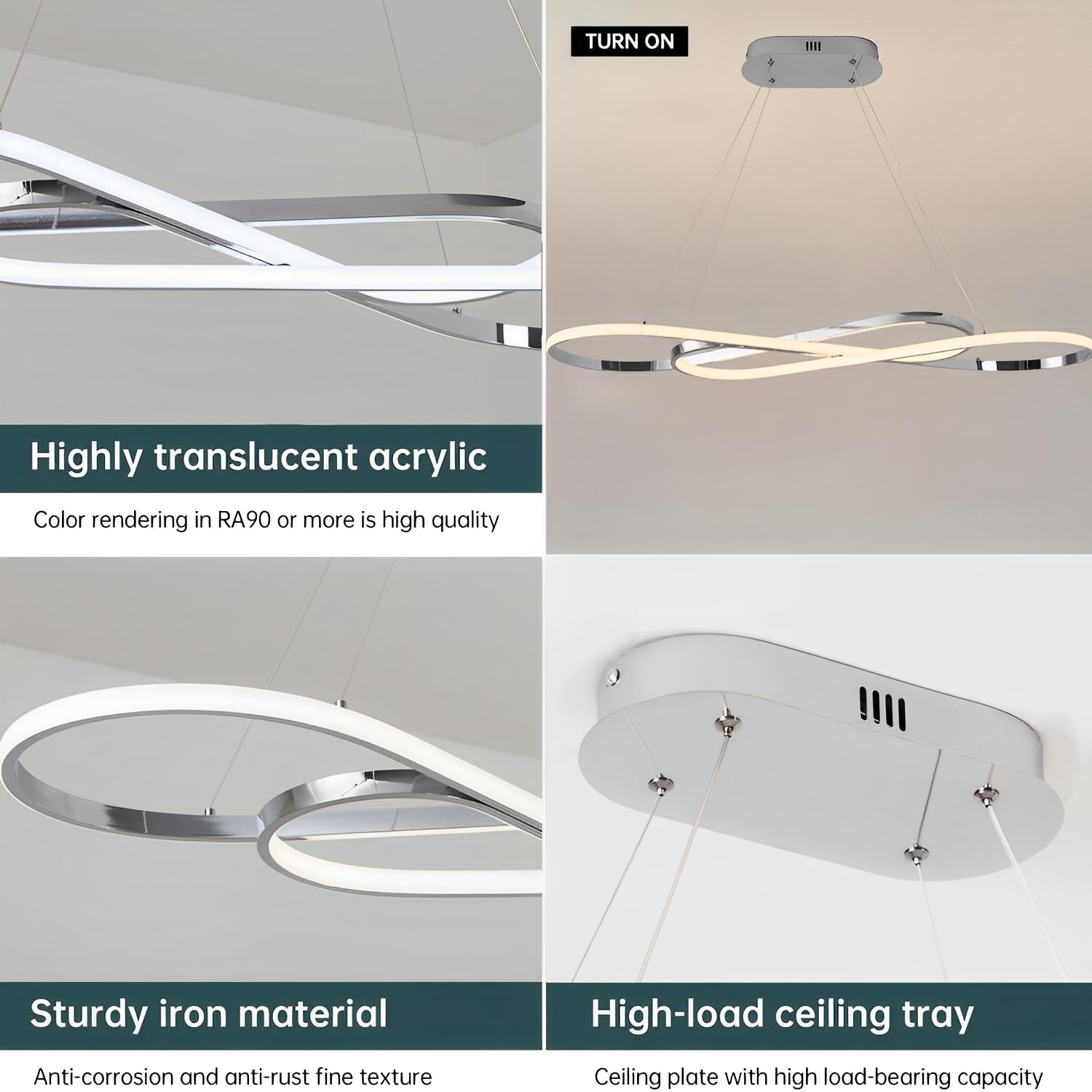 57W Lampada a Sospensione LED, Design Surround Doppio 8, Cromato | Lampadario LED Dimmerabile, Plafoniera con Telecomando, Lampadari Altezza Regolabile, Per Tavolo da Pranzo, Soggiorno, Cucina