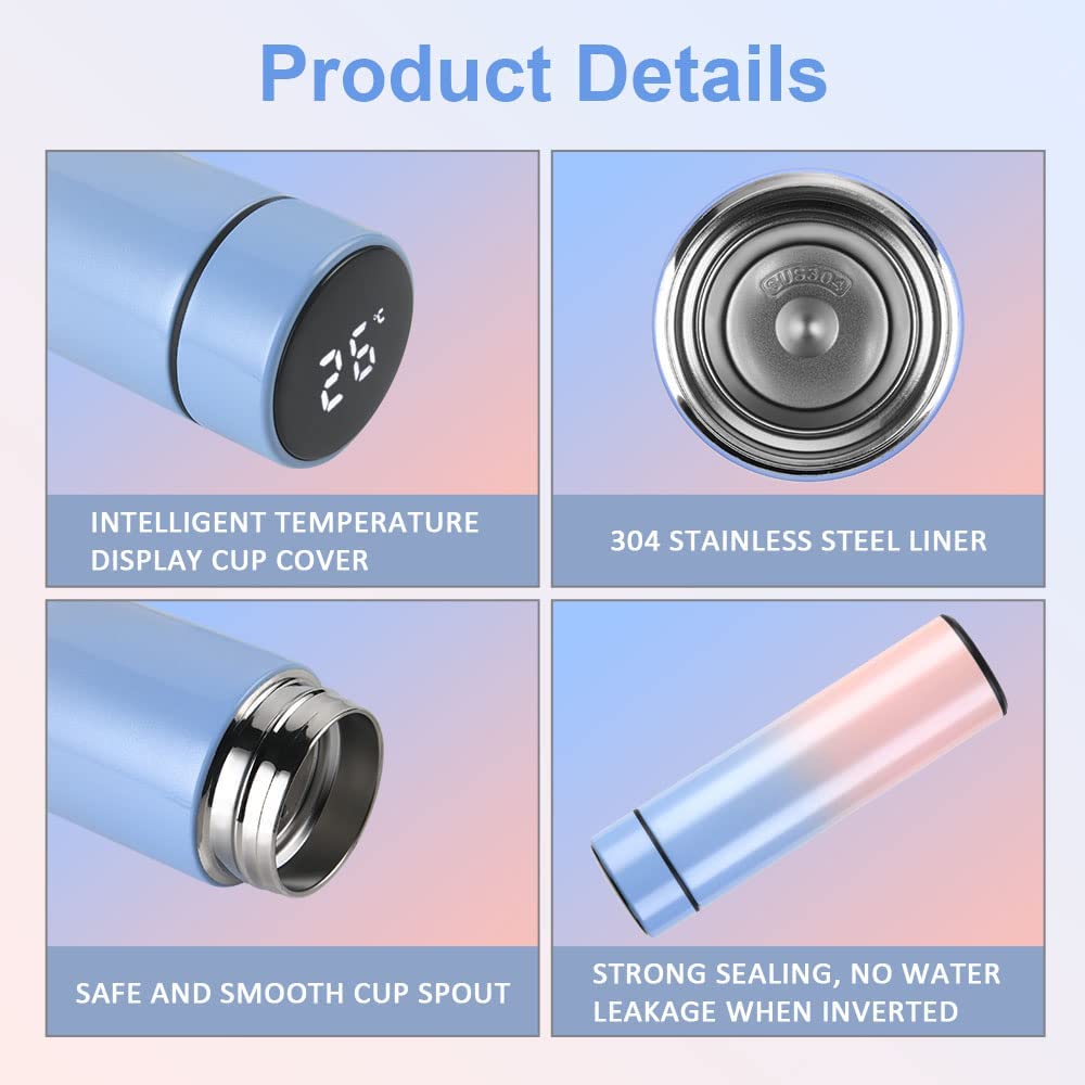 Flintronic Bottiglia Acqua, Borraccia Termica 500ML Coppa da Viaggio, Tazza Intelligente LED Temperatura Display Touch, Boccetta per Vuoto in Acciaio Inossidabile per Mantenere Caldo/Freddo