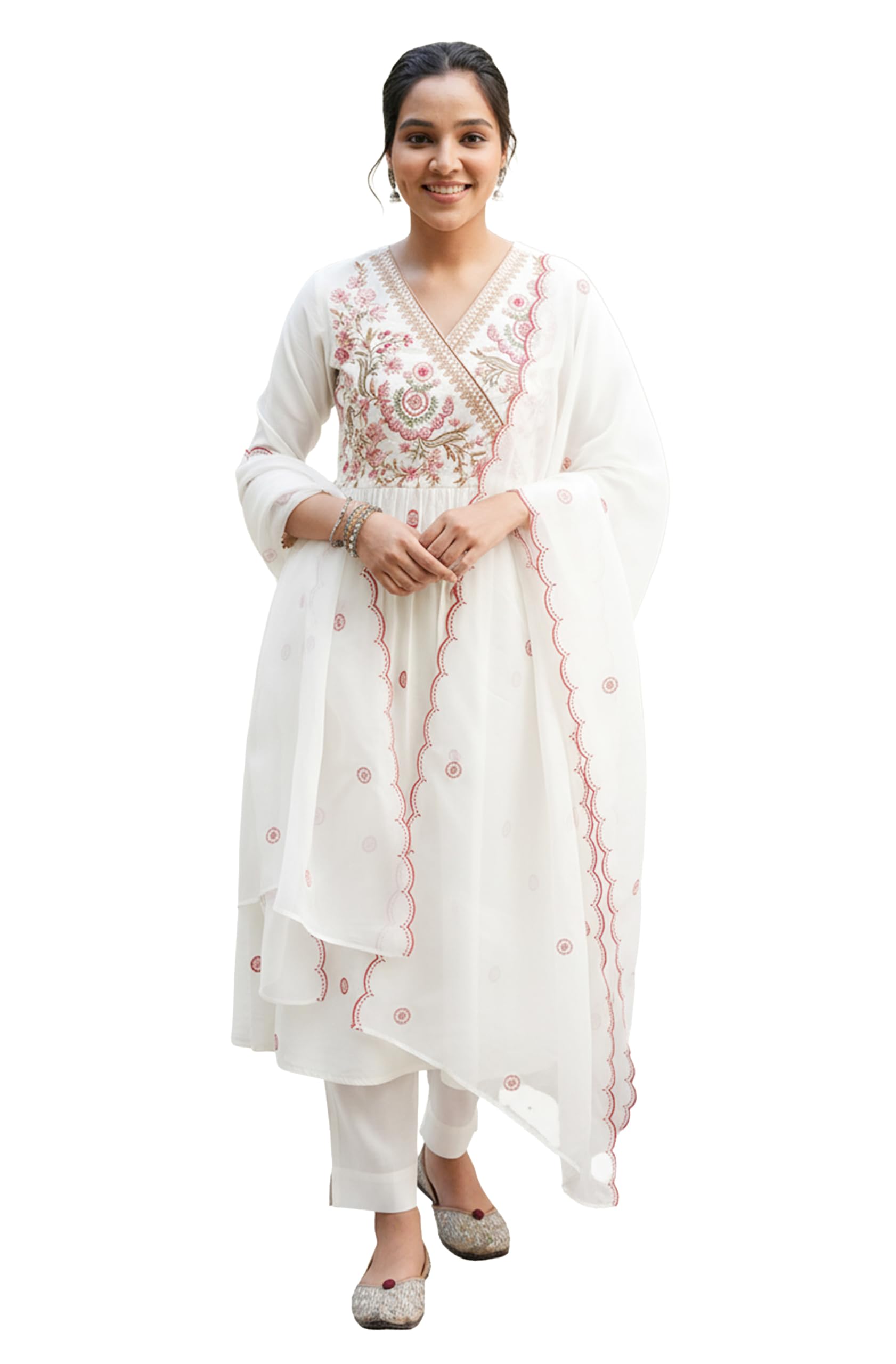 Women's Off White Chanderi Silk Floral Embroidered A-Line Kurta Set-image-16