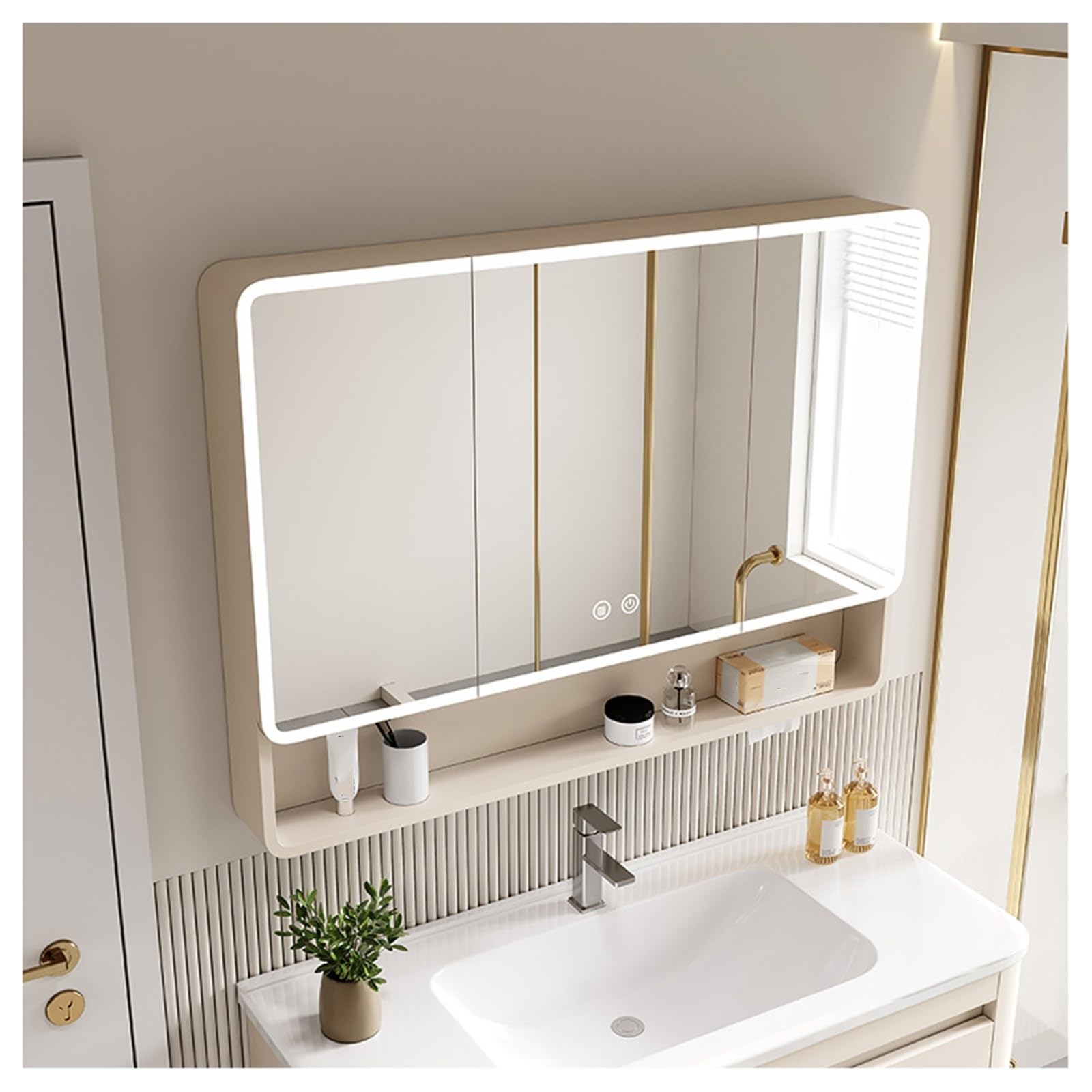 Armario con espejo de baño con luz antivaho, espejo de maquillaje, multifuncional, para almacenamiento de baño, mueble de tocador montado en la pared (60 x 70 cm (ancho x alto x alto)