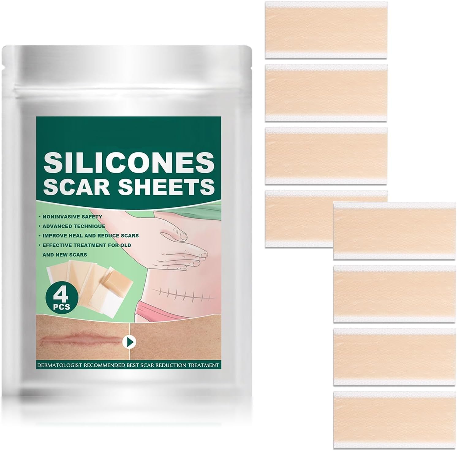 8 Pack Silicone Scar Sheets for Scar Removal - Soften and Flattens Scars Resulting from Surgery, Injury, Burns, C-Section and More - Breathable, Medical Silicone Scar Repair Sheets
