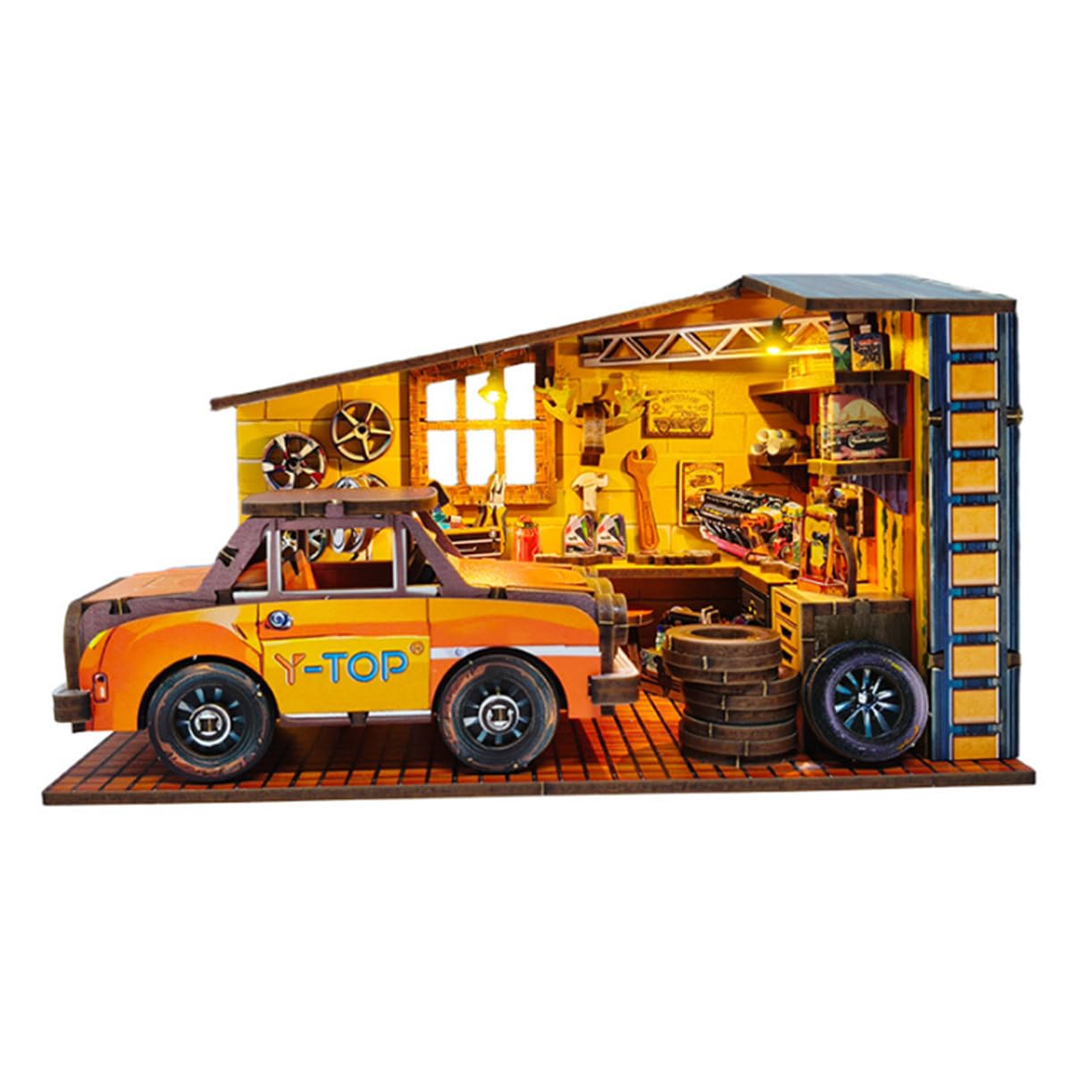 3D Wooden Miniature Dollhouse Model Kit, Car Garage DIY Scene Diorama, Creative Desktop Ornament & Gifts (200+ Pieces)