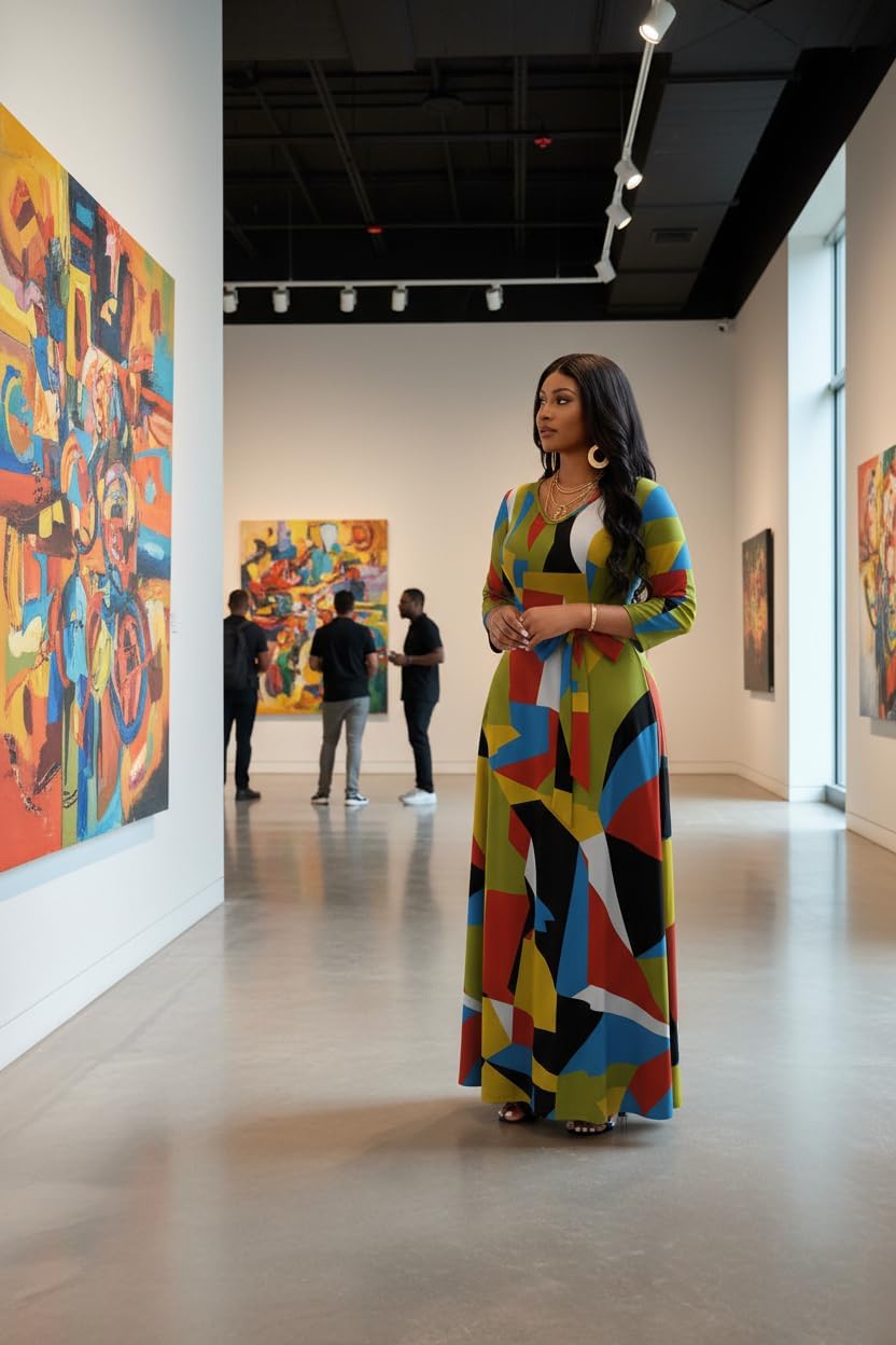 FANDEE Maxi Dress for Women 3/4 Sleeve A line V Neck African Print Church Long Dresses with Pockets - Image 5