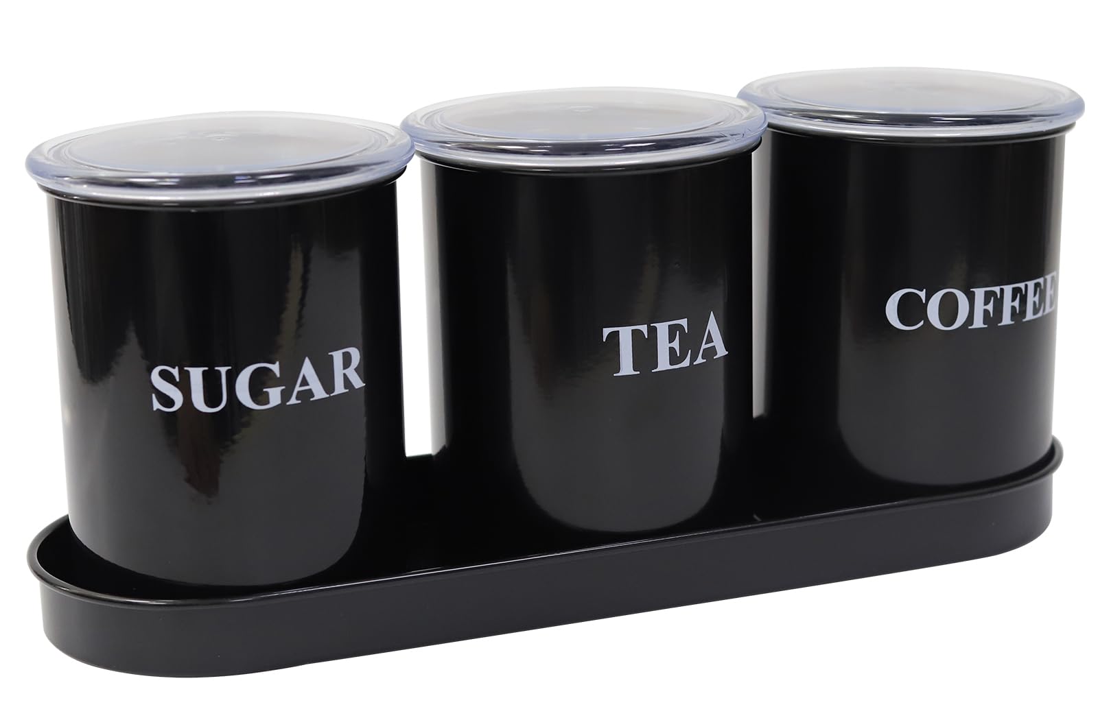 Tea Coffee Sugar Canisters Set of 3,Metal Food Storage Tin Airtight Sealed,Kitchen Canisters with Tray,Farmhouse Kitchen Storage Tins for Countertop Décor with Clear Lid Retro Design - Black