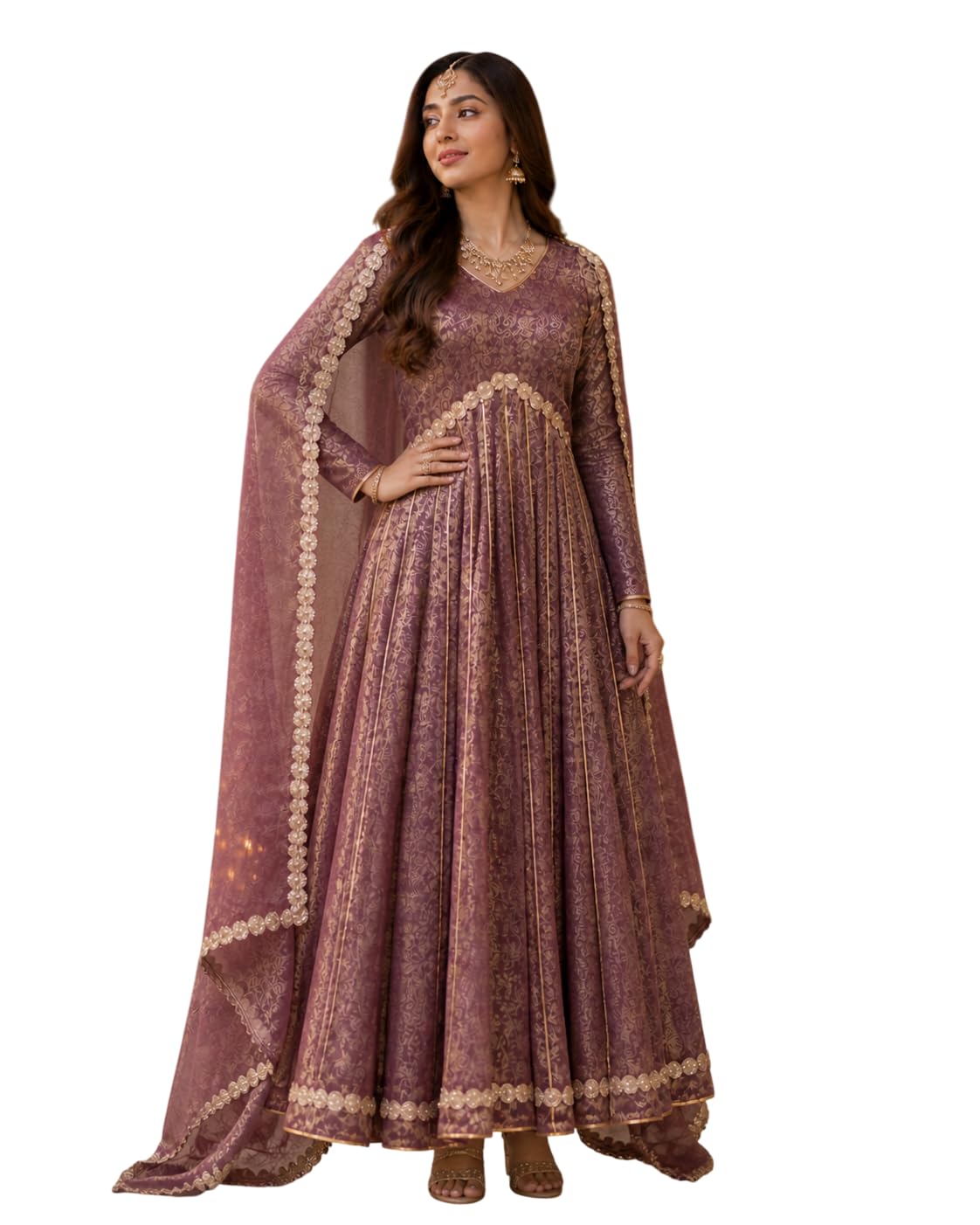 Sunhari Aura Lehenga Set for Women | Mauve Roman Jacquard Silk Lehenga Choli with Metallic Floral Weave & Kalidar Flared Skirt | V-Neck, Full-Sleeve Blouse & Matching Dupatta - Mauve Gold-picture-51