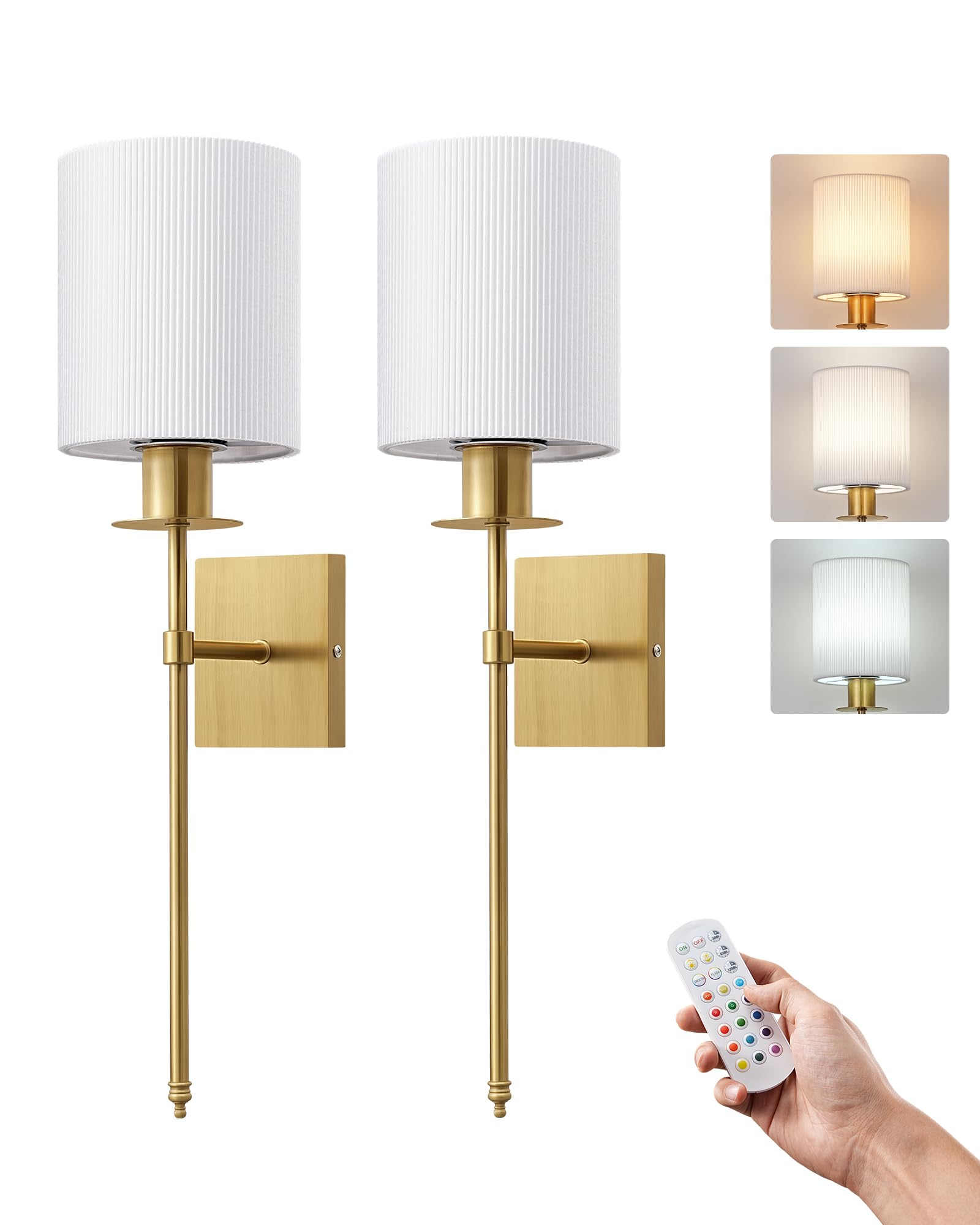 EDISHINE 2er Set Akku Wandleuchte Innen, RGBW LED Wandlampe Ohne Stromanschluss, E27 dimmbar mit Fernbedienung, 12 Farben, 2 dynamische Modi, 3 Farbtemperaturen, USB Aufladbar, Weiß & Bronze