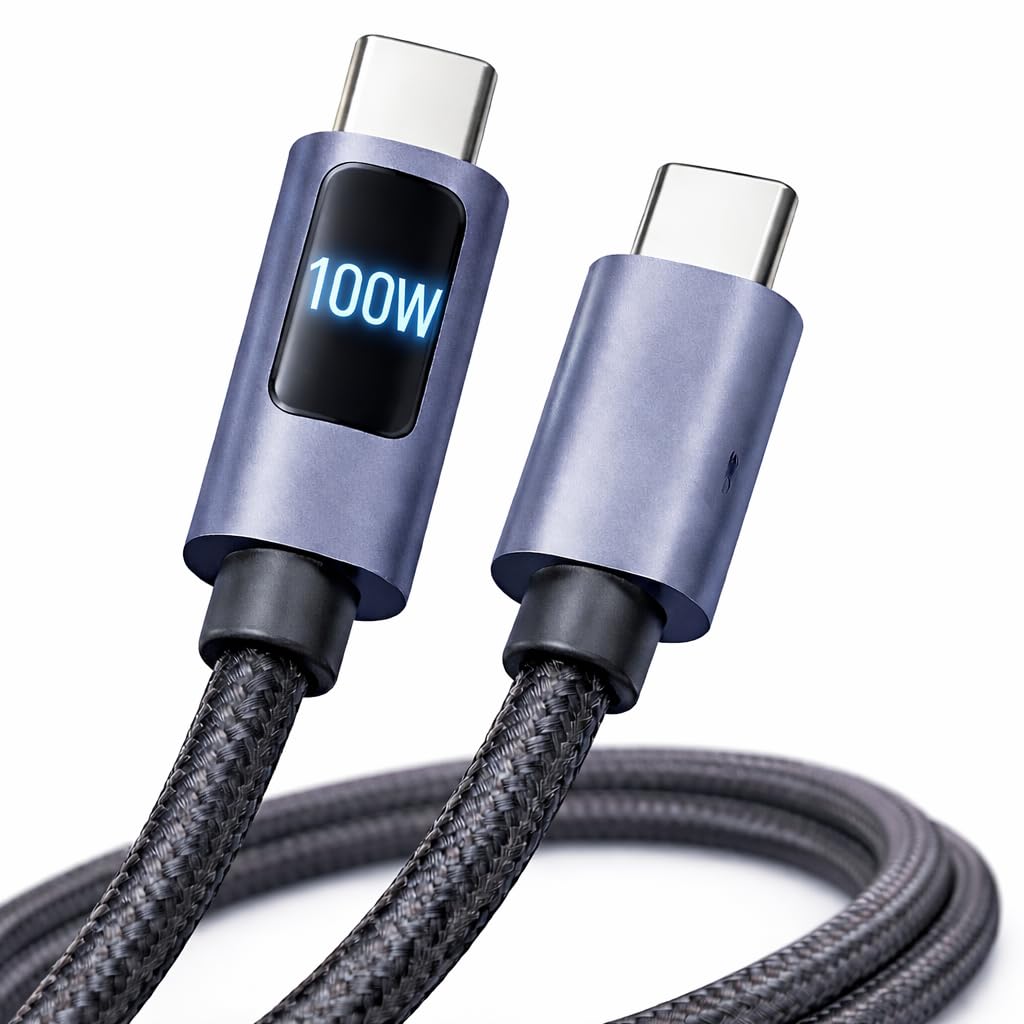 USB-C Cable 100cm 100W with Integrated LED Display | Braided Nylon Cable Tangle-Free for Type C Devices