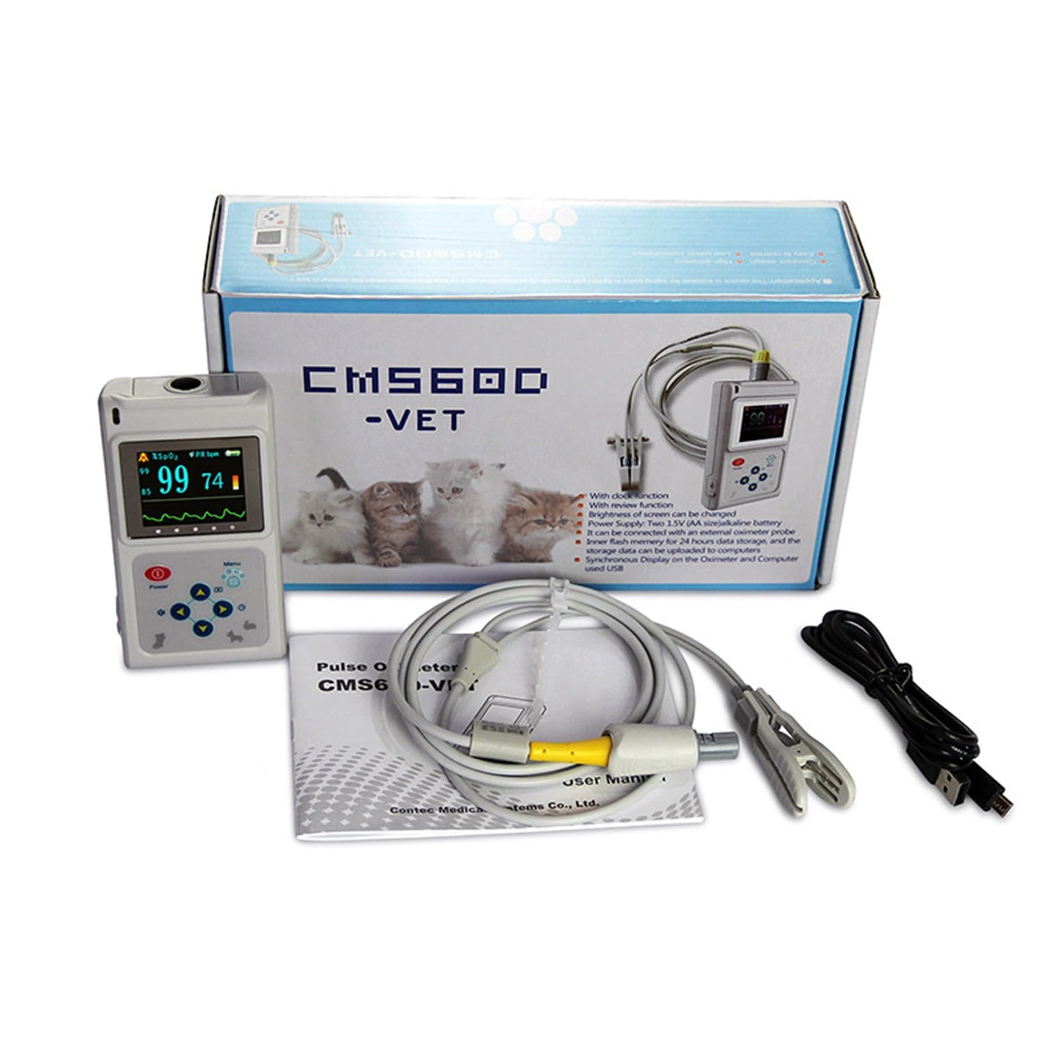 BLUEZY Pulsoximeter Für Tiere Veterinär Hand Pulsoximeter, Ohr/Zungensensor, Mit Sonde Und USB-Kabel, Speicher- Und Wiedergabefunktion Für Katzen, Hunde, Kleintiere
