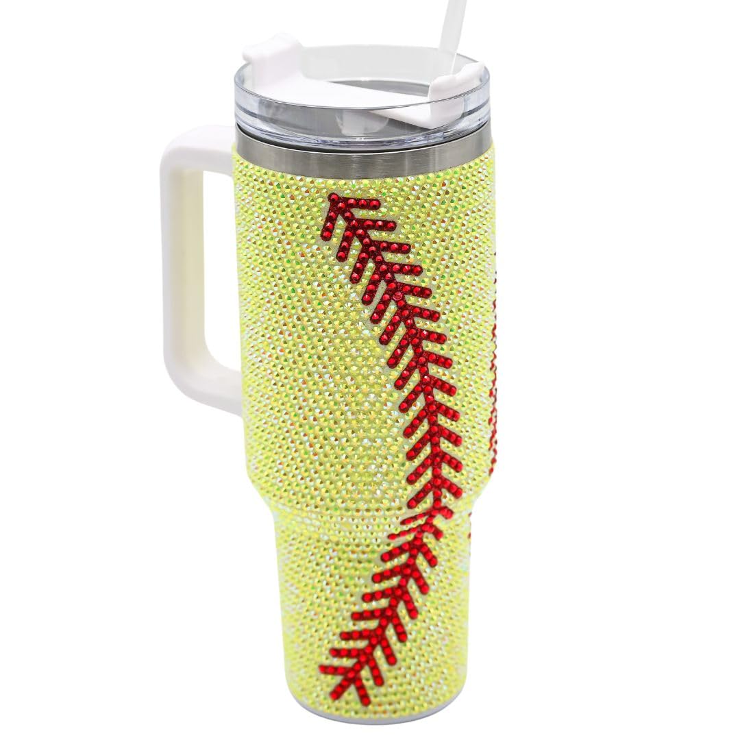 Trinkbecher mit Griff und Strohhalm (gelber Softball), Edelstahl und doppelwandig isoliert, 1,2 l