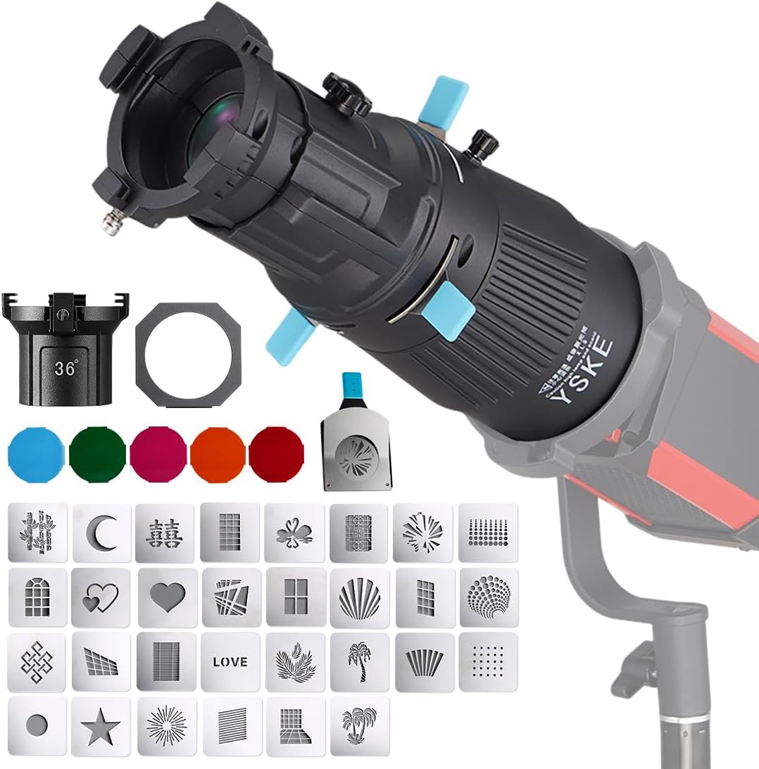 YSKE-Bowens Mount Spotlight Conical Optical Snoot kit 36°,Photography Studio Lighting Accessory with 30 Metal Gobos&5 Color Gels Focus ControlCompatible for Aputure Godox Nee*wer Profoto LED Lights
