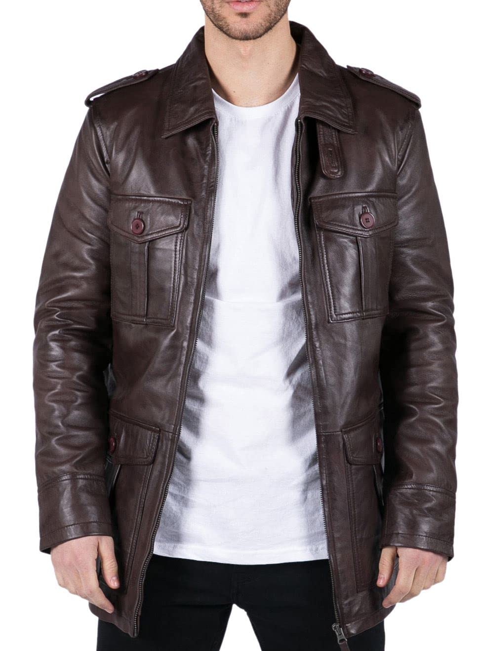 Infinity Leather Men's Black/Brown Leather Company Leather Safari Parka Coat Jacket - Small