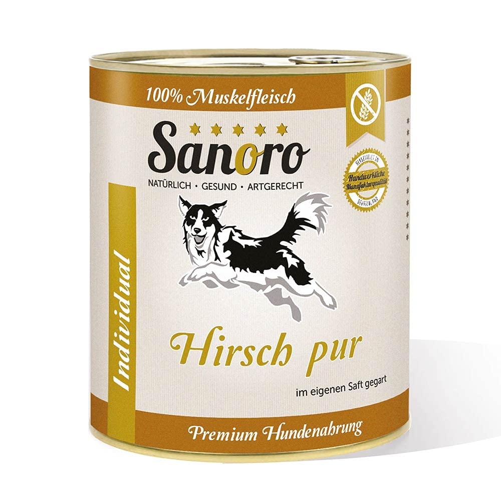 Sanoro Hirsch pur, 100% Muskelfleisch vom Hirsch, salzfrei - Premium-Hundefutter - singleprotein, hypoallergen - für Ausschlußdiäten geeignet (6 x 800g)