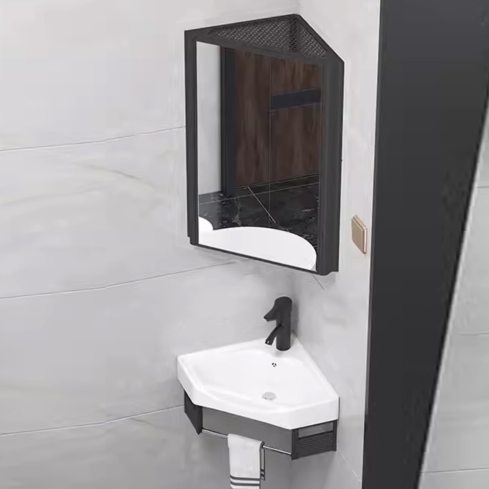 GLJTUO Corner Bathroom Sink & Vanity Combo Set with Mirror Cabinet WallMounted Storage for Small Spaces Stylish 37cm Bathroom Solutions,Svart-37cm/14.5