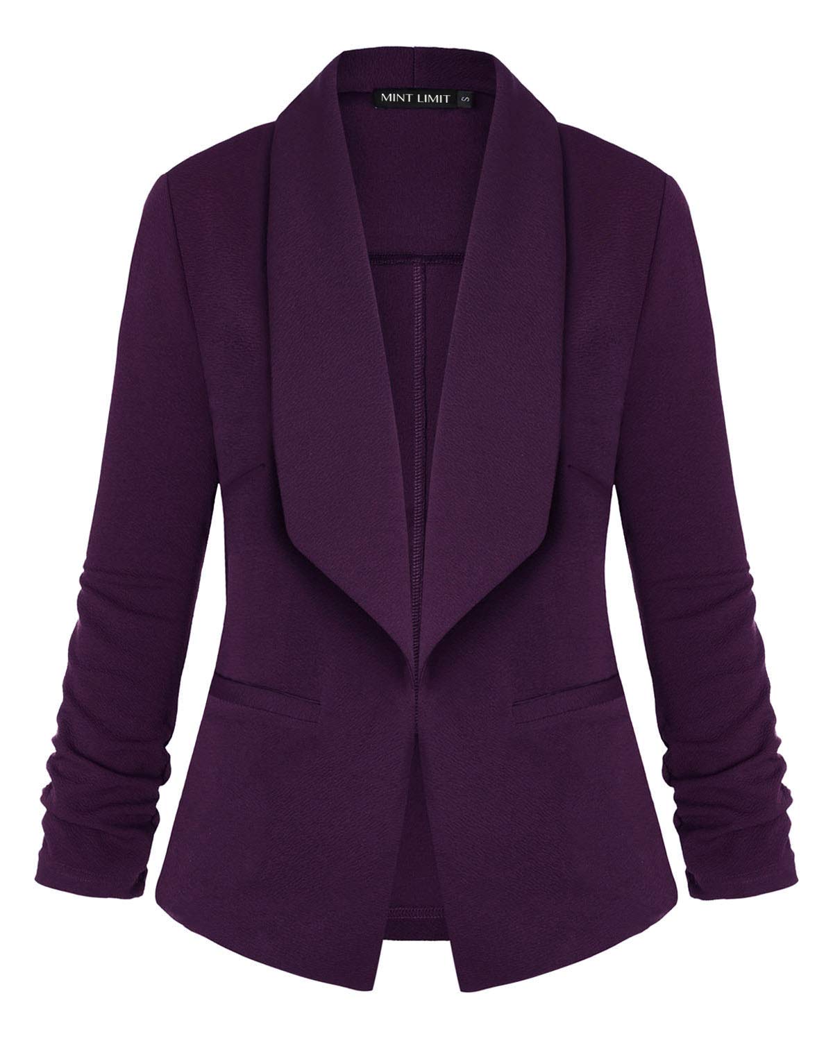 MINTLIMIT Women Blazer Casual Ruched 3/4 Sleeve Work Office Lightweight Open Front Jackets Blazer (Purple,Size S)