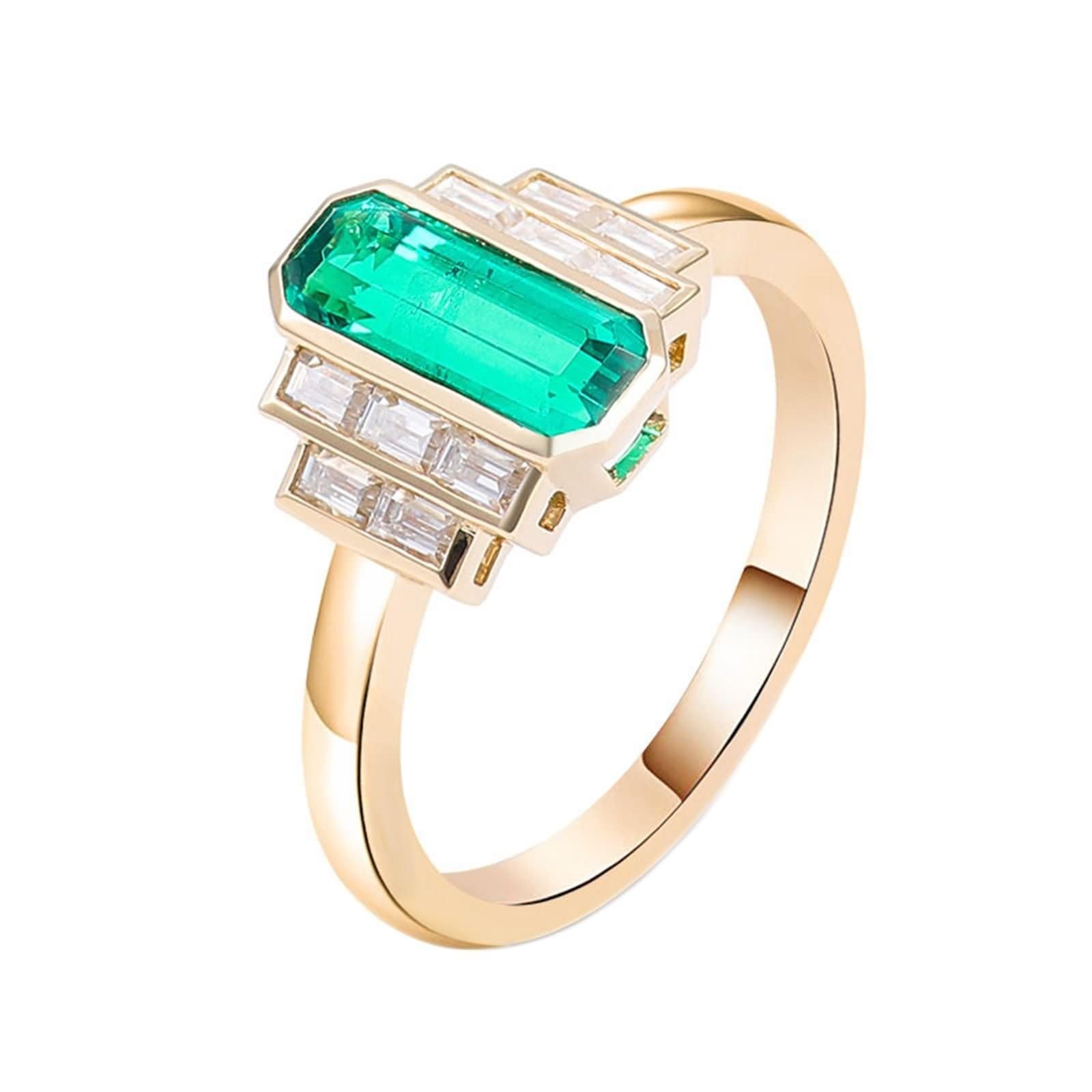 Bague de fiançailles rectangulaire en or jaune 9 carats avec émeraude verte et moissanite pour femme