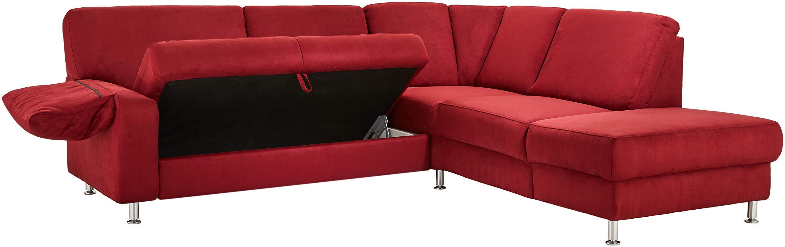 Cavadore Ecksofa Belfast mit Ottomane rechts / Polsterecke mit Federkern / inkl. Vorziehsitz und Bettkasten / 243 x 88 x 218 / Mikrofaser Dunkelrot