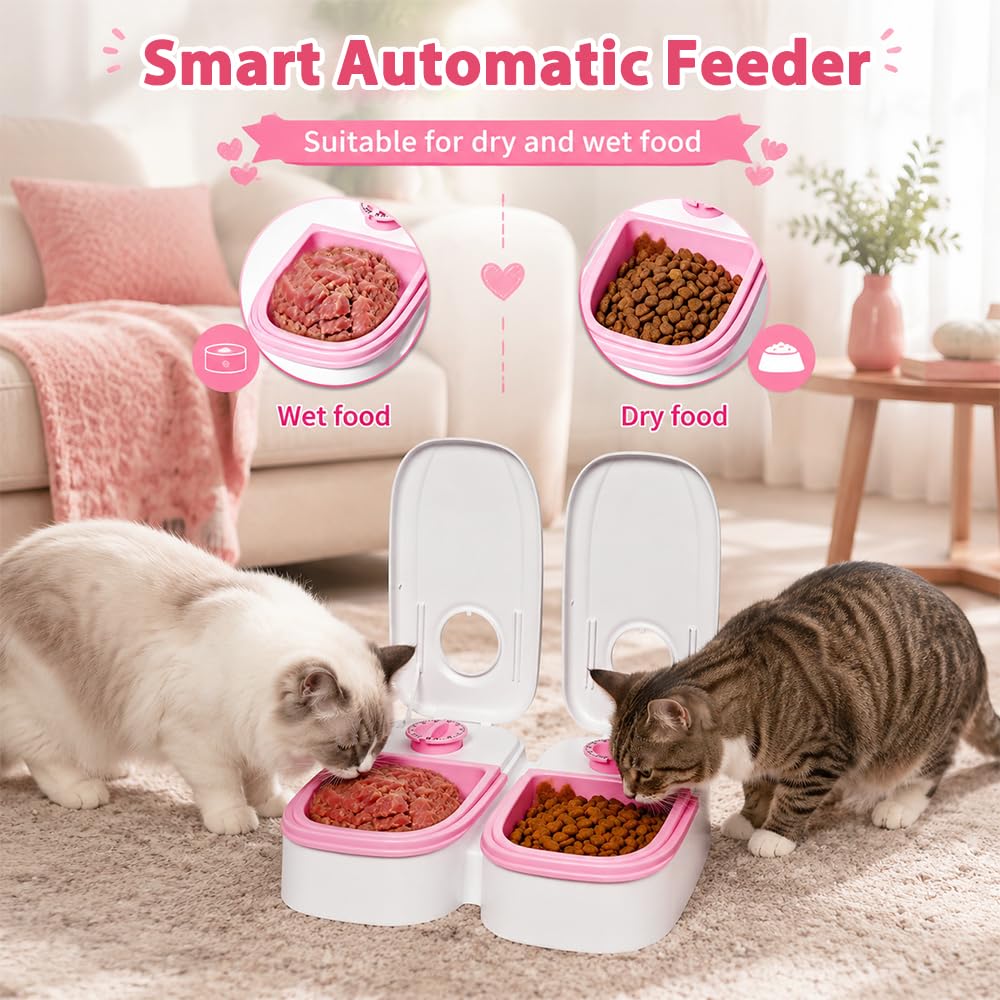Futterautomat Katze Nassfutter, 2 PCS Nassfutterautomat für Katzen | 2x350ml, 48h timer, dual slots, abs material, battery powered, easy clean, pet owners, weekend travel, freshness seal