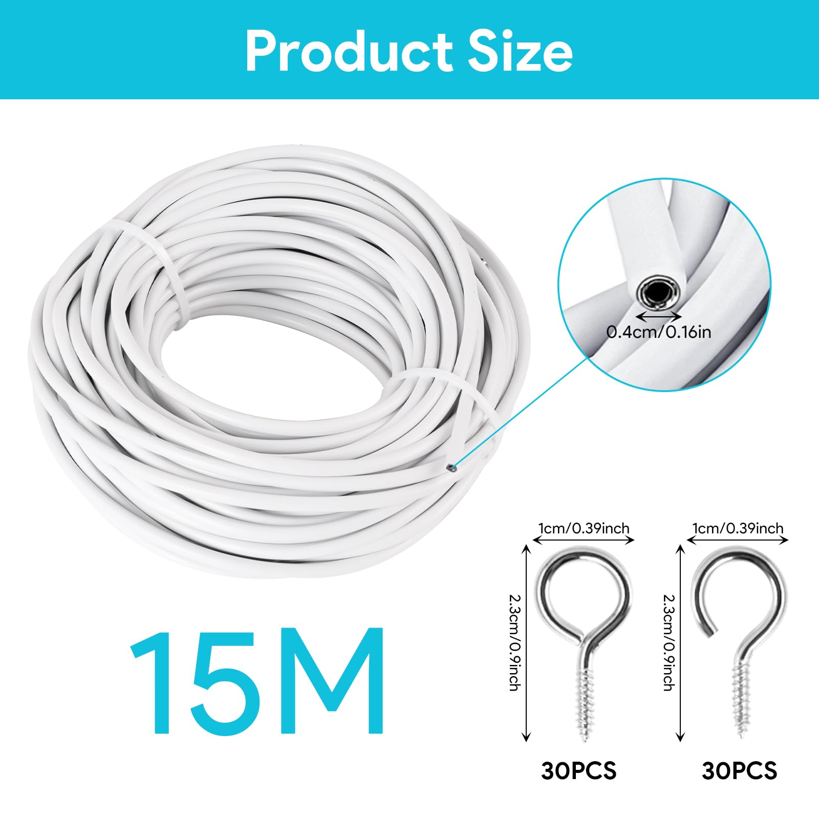 Fil de Rideau Blanc 15M avec 30 Paires Crochets et Yeux Kit Corde Suspendue pour Rideaux