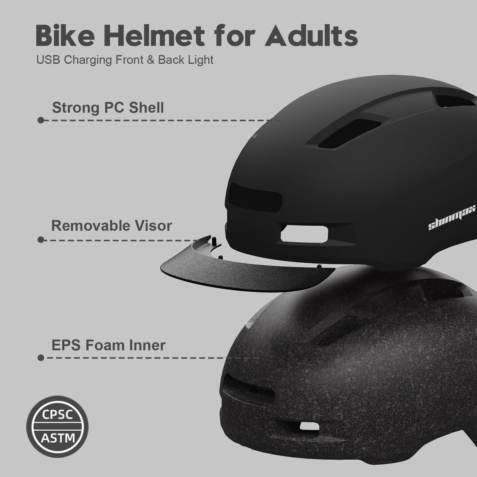 Shinmax Kask rowerowy dla mężczyzn i kobiet, 5 trybów pracy, kask rowerowy z wizjerem, kask rowerowy dla dorosłych, dla osób dojeżdżających do miejskich