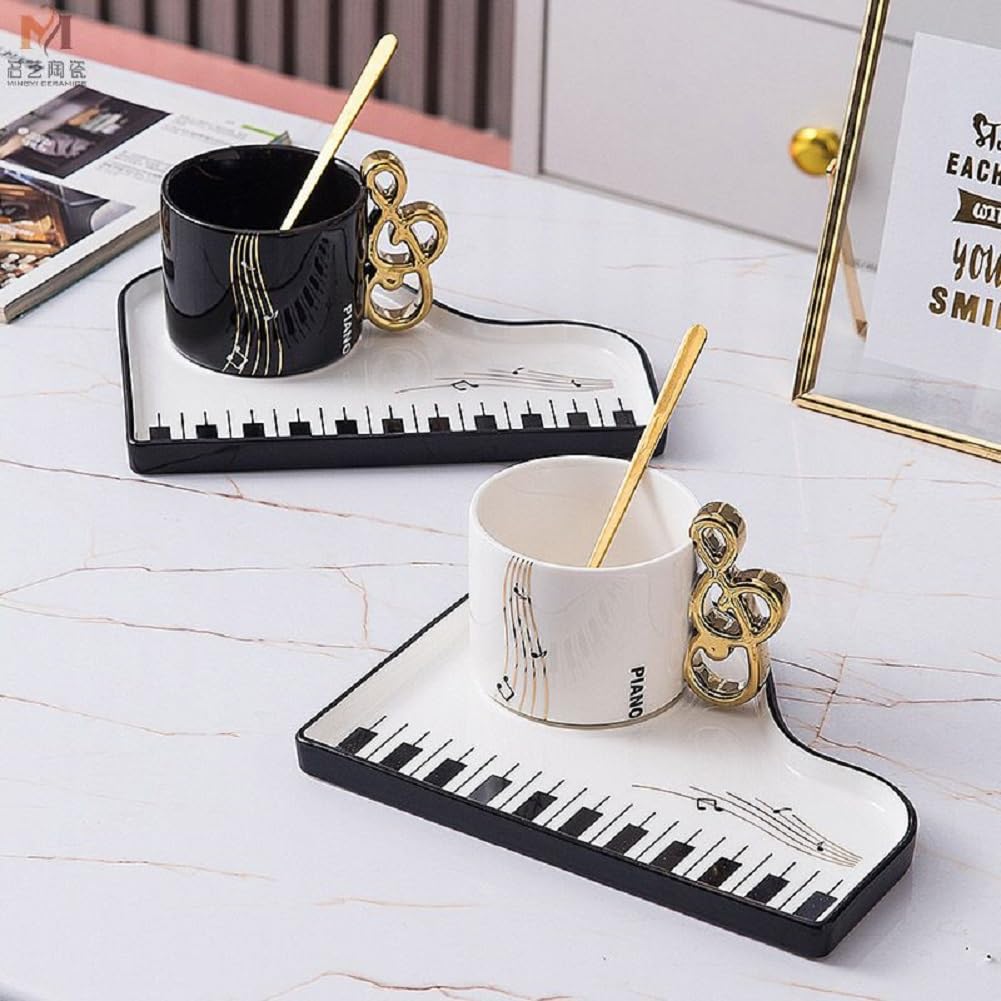 Kreative Klavier Kaffeetasse mit Unterteller und Löffel,200ml Keramik Cappuccinotasse Süß Musiknoten Espressotasse Mochatasse Geschenk für Mutter freundin Geburtstag Valentinstag (Weiß)