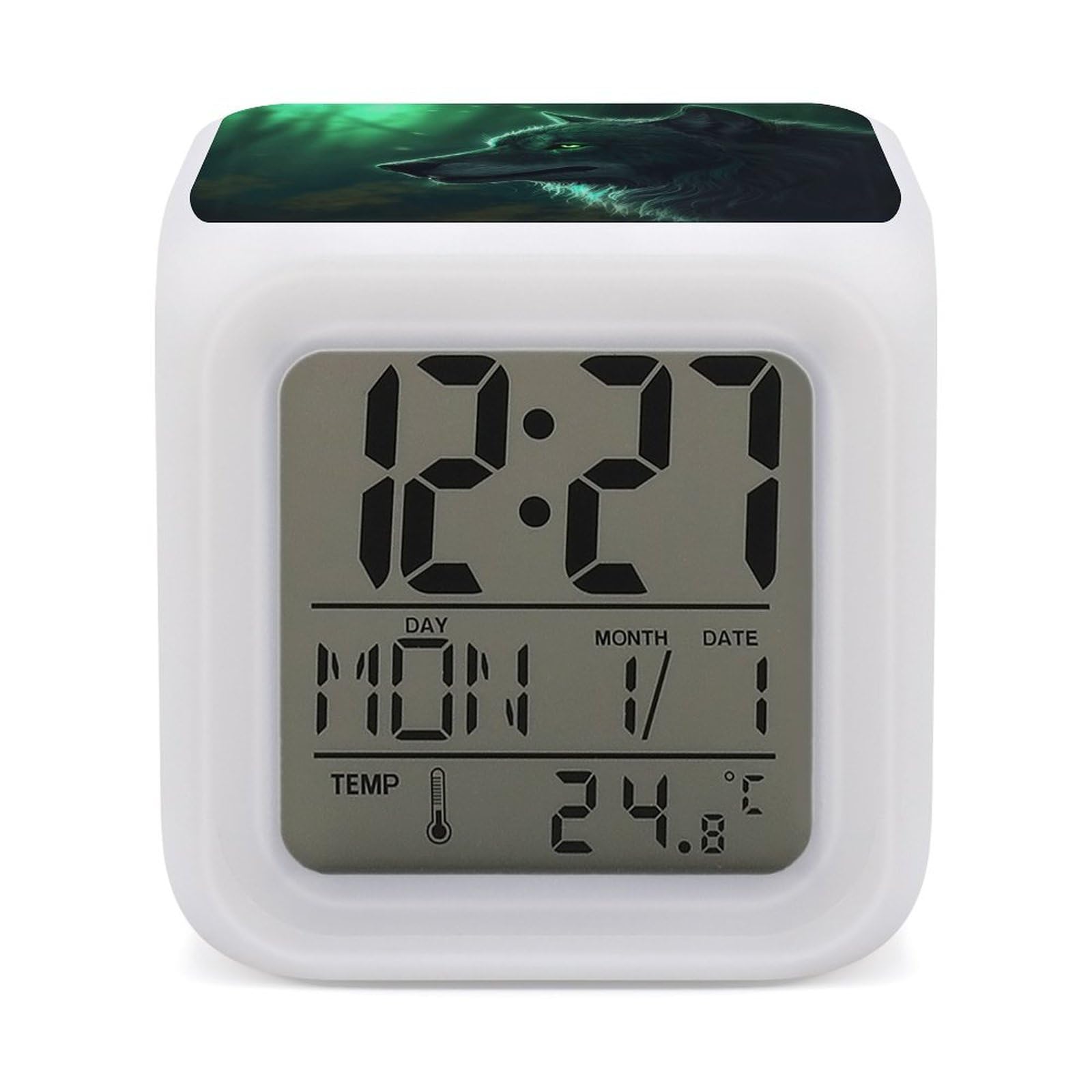 JTREHY 7 Color Changing LED Digital Alarm Clock,Green Wolf Printed Wake-up Clock with Temperature Display Home Decoration Alarm Clock for Bedroom Office