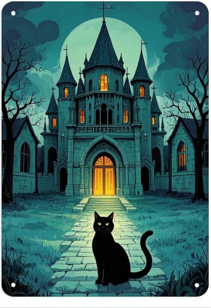 Black Cat And Castle Vintage Tin Sign Art Plaque Wall Decor Look Funny Gifts for Cafe Home Kitchen Bathroom Farm Garden Bar Posters 8x12 Inch