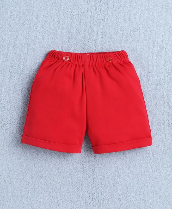 Image of BUMZEE Boys Regular Fit Half Sleeves Collar Neck Cotton Bodysuit & Short Set With Applique Bow Suspender & Cap
