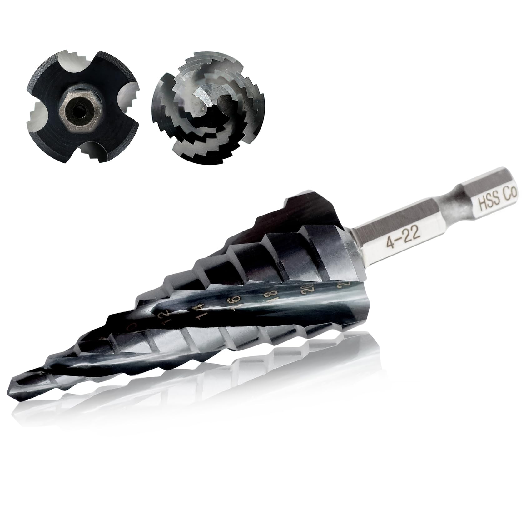 Spiralstufen-Bohrer-Sets Vier Spiralnuten Unibit Stufenbohrer Schlagfertig 1/4" Sechskantschaft metrisch 4-22mm Konusfräser für Metall, Edelstahl, Aluminium, Holz, Kunststoff