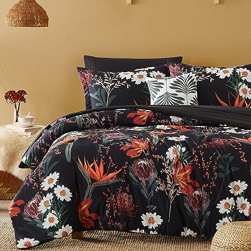 CASAAGUSTO King Size Comforter Set, 7 PCS Black Shore Floral Comforter Set with Flowers Leaves Pattern, Soft All Season King Bedding Set (102"X90")