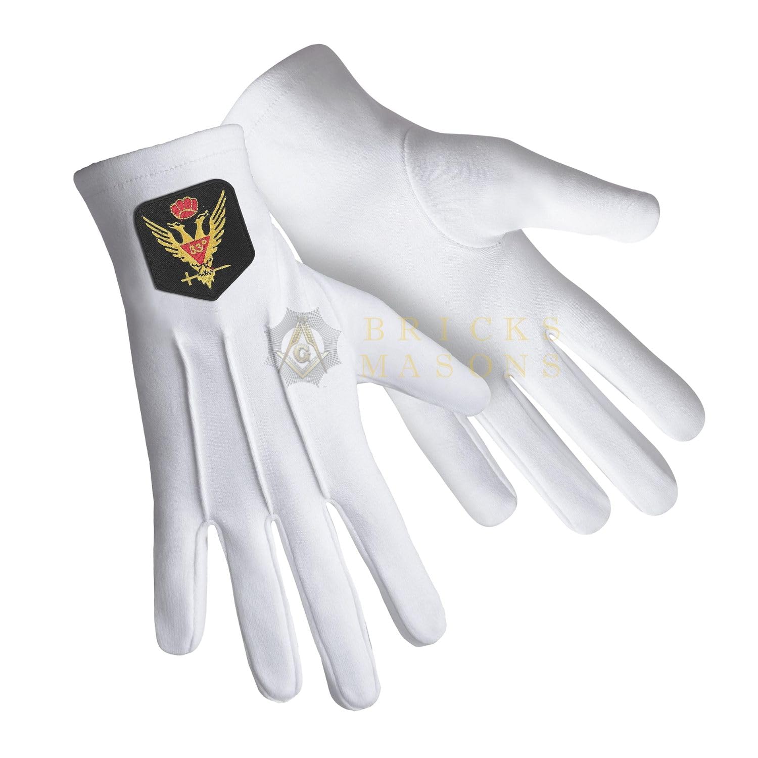 BRICKS MASONS 33rd Degree Scottish Rite Glove - White Cotton With Gold Emblem - Large