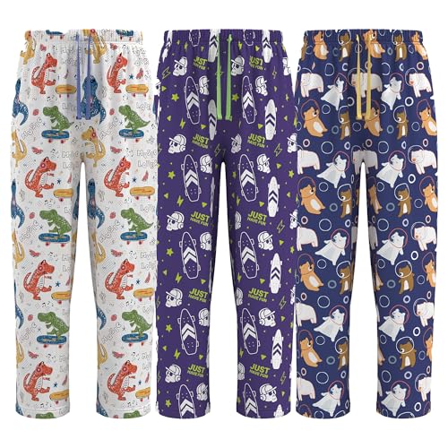 Boys Cartoon Pajama Pants 3 Pack Soft Sleep Pants, Elastic Waist Drawstring Pj Bottoms for Boys with Pockets