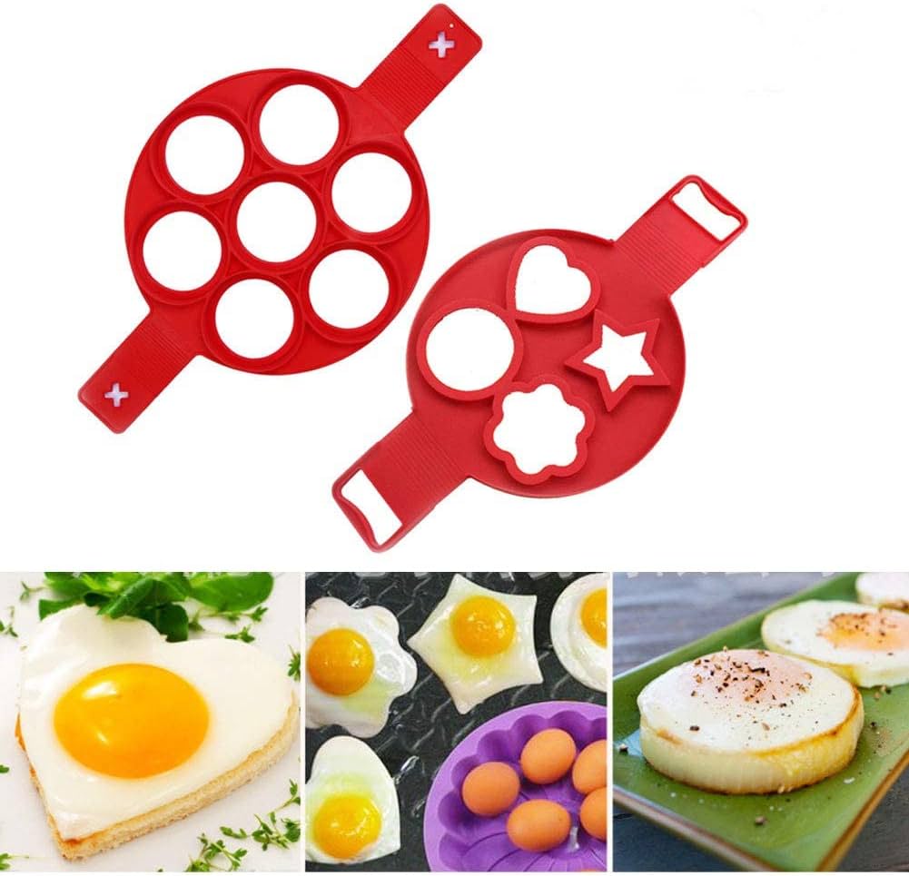 Amazon.com: Pancake Mold Maker. Fried Egg Mold Ring Muffin Pancake Mould 2  Set 11Cavity Reusable Silicone Non-Stick Pancake Molds Ring，Round/Star/Flower/Heart  Shape（Red）: Home & Kitchen