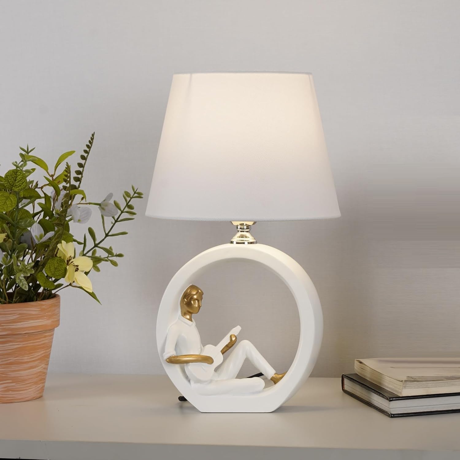 Photo 1 of SUPERHONGJIHAO Boy Guitar Decorative Table Lamp with White Fabric Shade, Resin Reading Figure Base, White and Gold, 43cm, for Living Room and Study