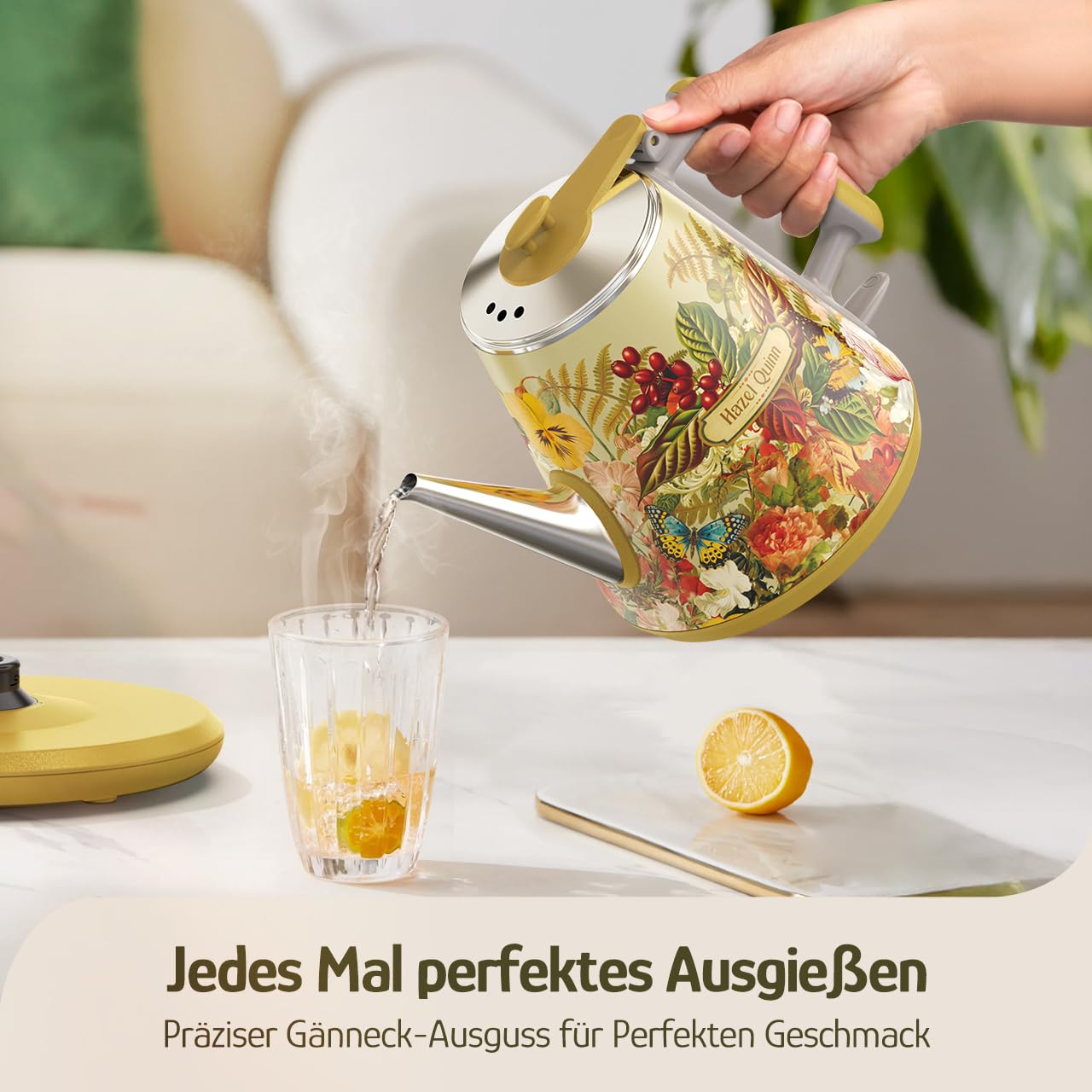 Hazel Quinn × Eduardo Recife 1L Elektrischer Wasserkocher, Floral Design | Doppelwandig, 304-Edelstahl innen, BPA-frei, Schwanenhals für präzises Ausgießen – kompakt für Singles und kleine Haushalte.
