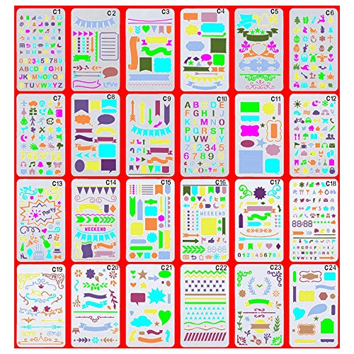 OzBSP Bullet Journal Stencil Set Plastic Planner Templates - for Scrapbooking Notebook Journaling Diary Card Letters, DIY Projects, Art Drawing | 24 Unique Premium Quality Stencils | A5 Size 4x7 inch