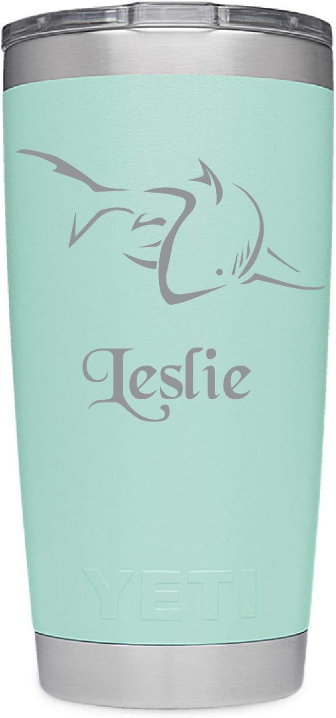 Shark Design w/Name, Laser Engraved yetti, Stainless Steel Tumbler With Your Choice Of NEW DuraCoat Colors - NOT A STICKER