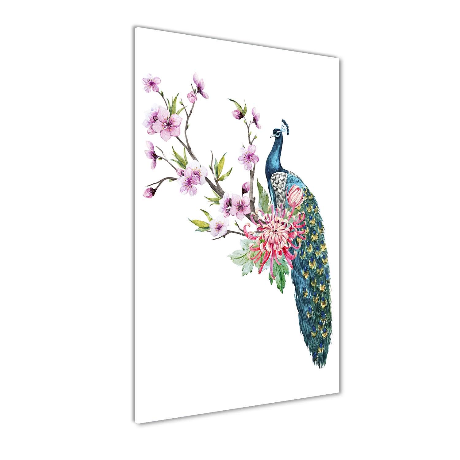 Peinture sur verre trempé paon fleurs 70x140cm Tulup tableau mural design