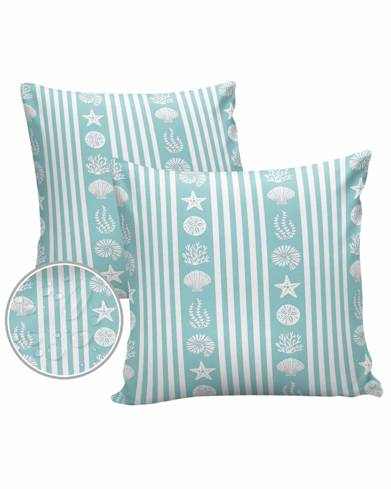 Turquoise Coastal Outdoor Pillow Cover 24x24 Inch Cushion Sham Case,Waterproof Decorative Square Throw Pillowcase for Garden Patio Porch Couch Chair Starfish Shells Jellyfish Coral Geometric Striped