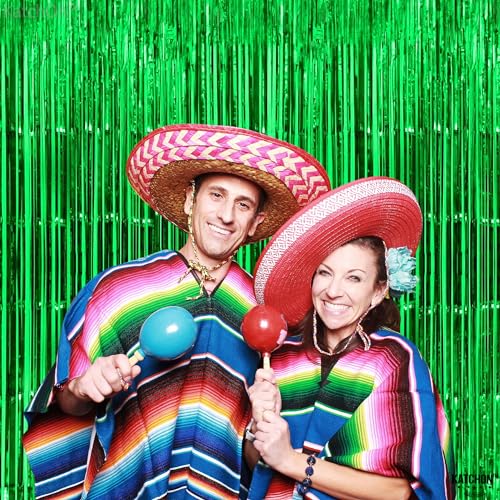 Image of KatchOn, Green Streamers Foil Fringe Curtains - 3.2x6.5 Ft, Pack of 2 | Green Backdrop for Dinosaur Birthday Decorations | Tinsel Backdrop for Safari Birthday Decoration, Jungle Party Decorations