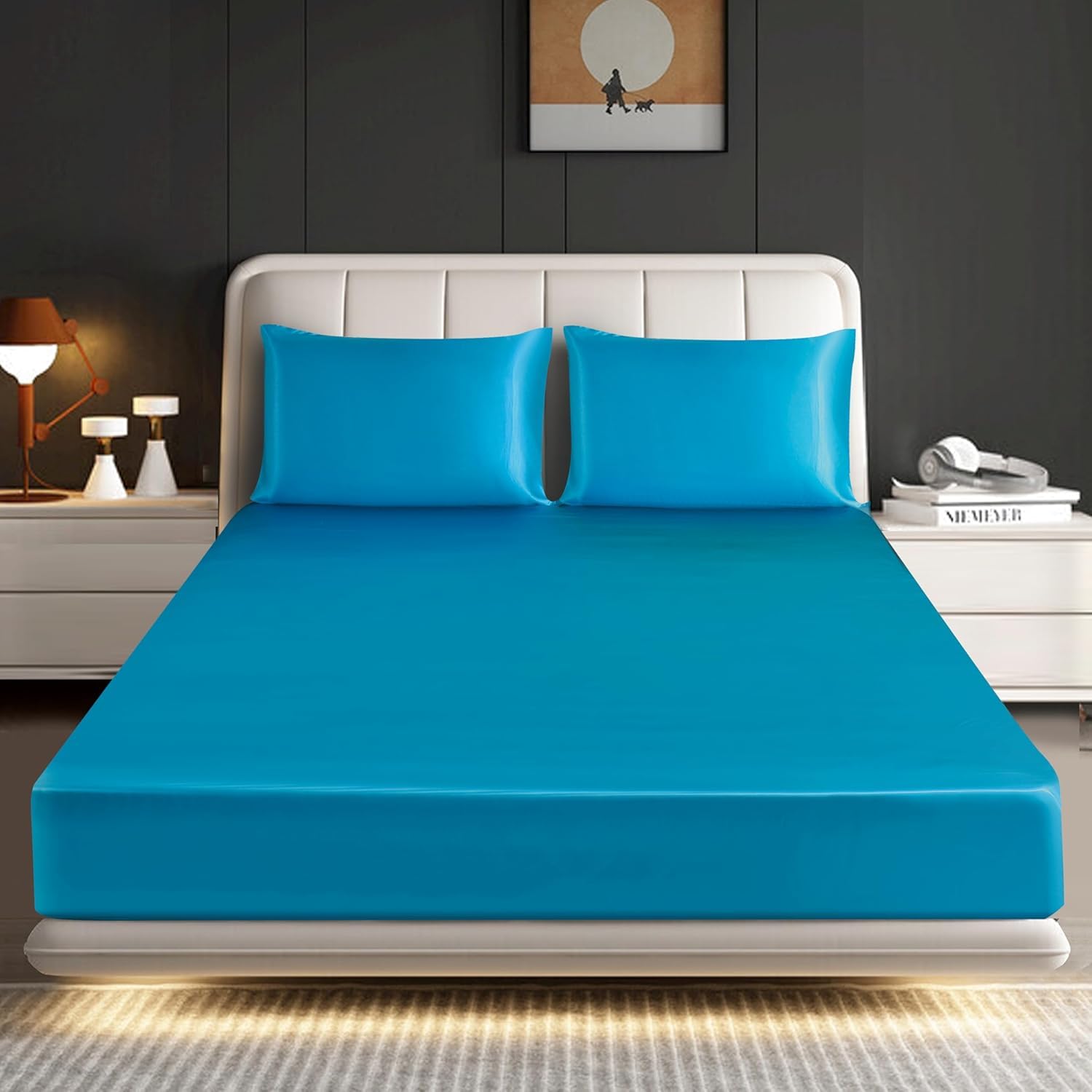 Luxury 3 Piece Satin Fitted Sheet Set – Silky Soft, Deep Pocket Bed Sheet with 2 Pillowcases – Satin Bedding Set UK – Single, Double, King & Super King (TEAL, Double)