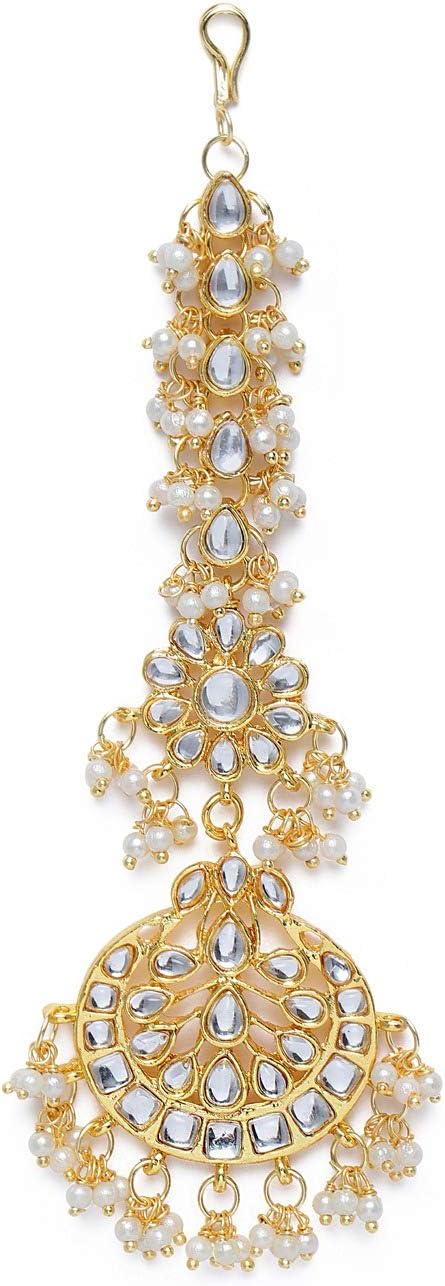 18K Gold Plated Indian Wedding Bollywood Pearls Kundan Studded Maang Tikka for Women/Girls (T2872)
